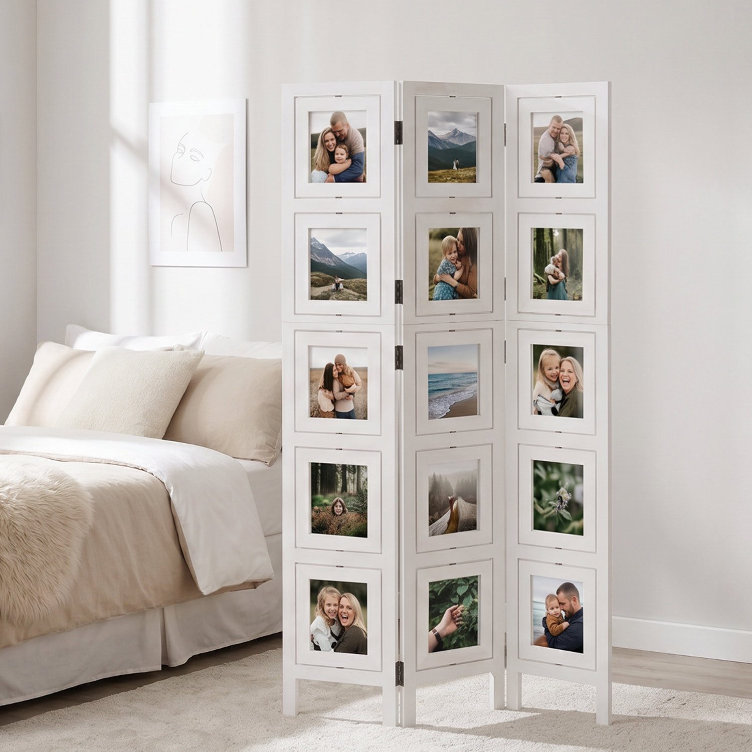 Homestyle4u Paravent Raumteiler Indoor Holz Trennwand Fotowand Sichtschutz faltbar Fotos (3-teilig), Weiß, Einzelelemente 360 Grad drehbar