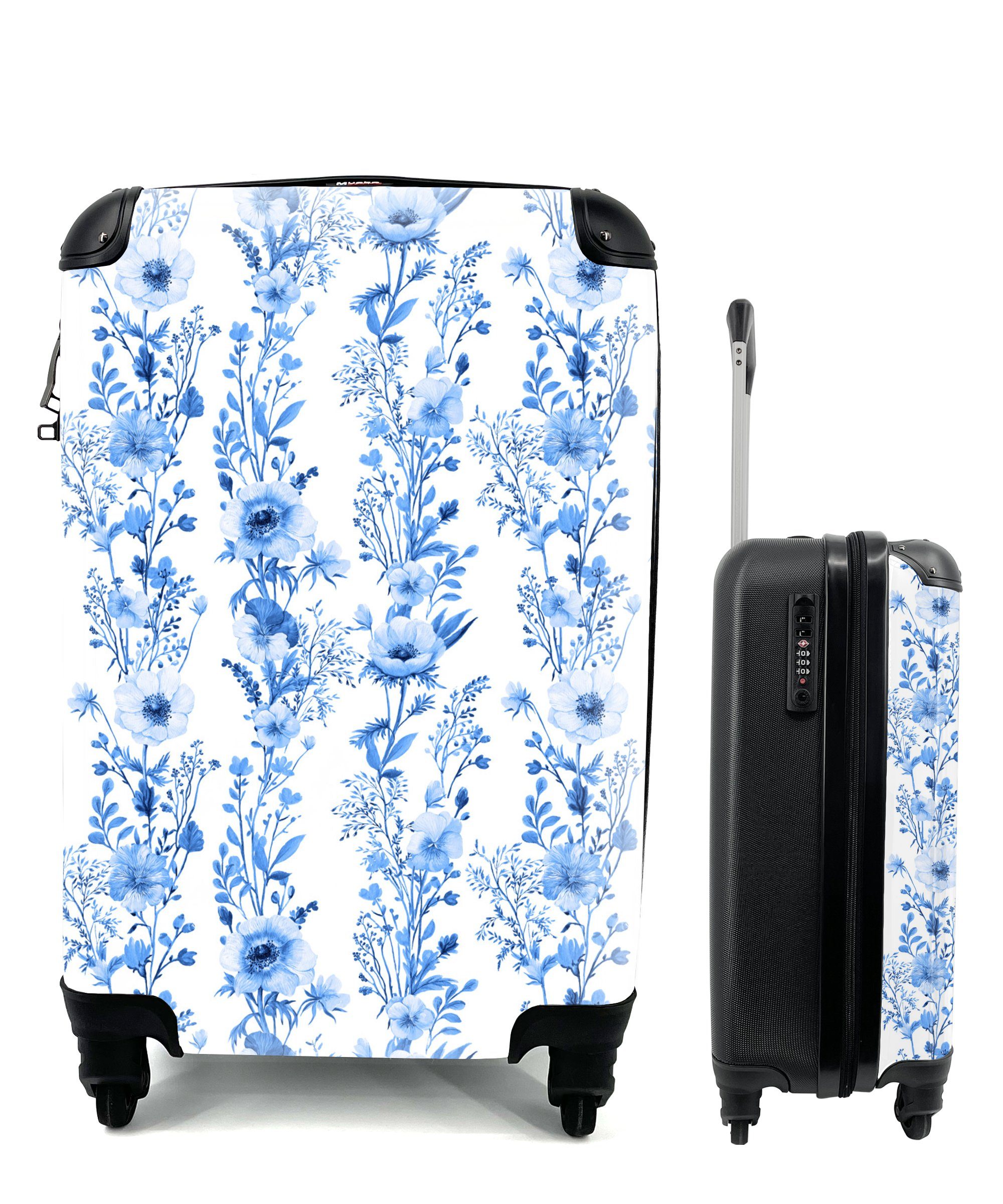 MuchoWow Handgepäckkoffer Blumen - Pflanzen - Blau, 4 Rollen, Reisetasche mit rollen, Handgepäck für Ferien, Trolley, Reisekoffer