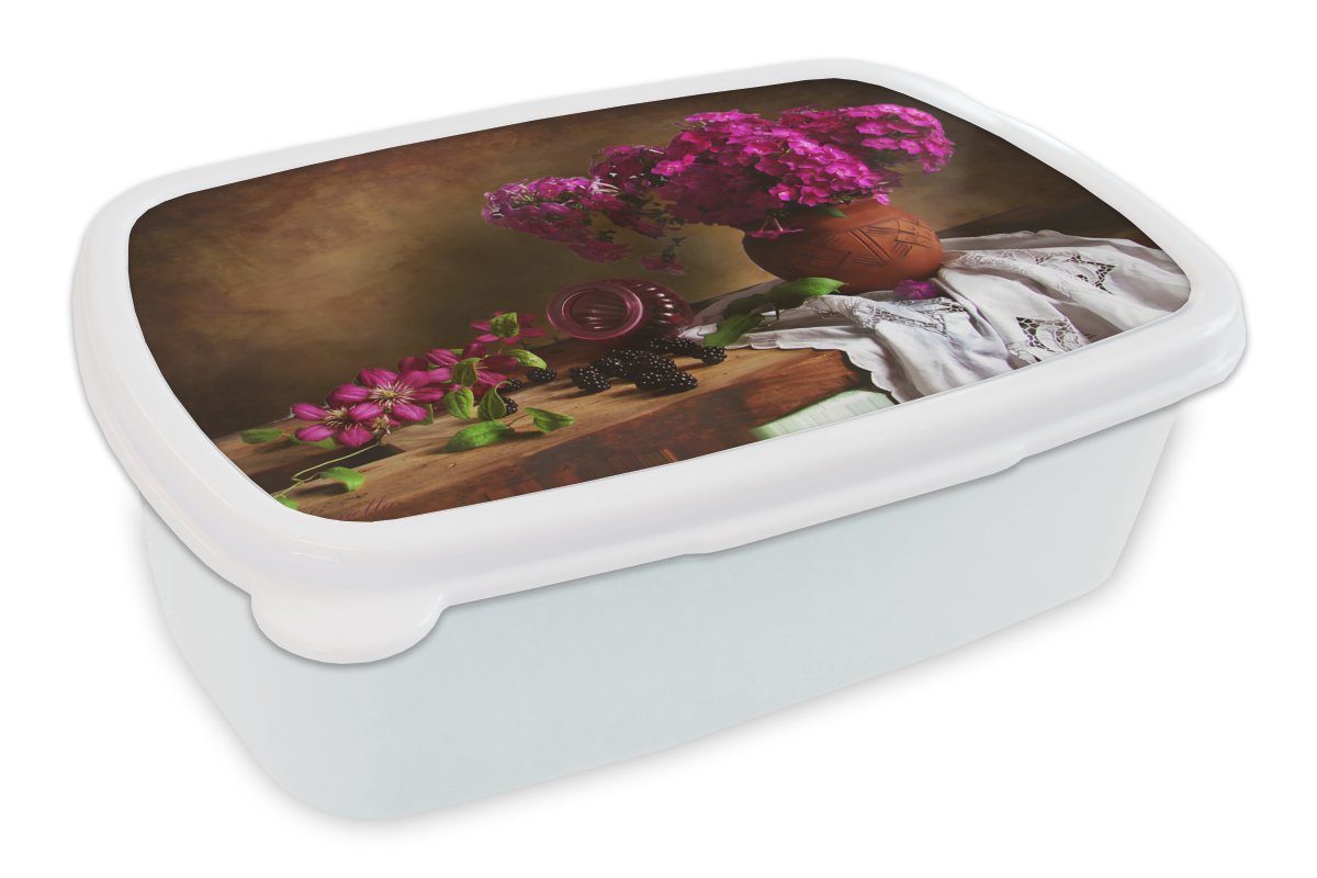 MuchoWow Lunchbox Rustikal für und - für Stilleben, Brotdose, Jungs Blumen Kunststoff, - Brotbox (2-tlg), Vase Erwachsene, - Mädchen weiß Rosa und - Kinder