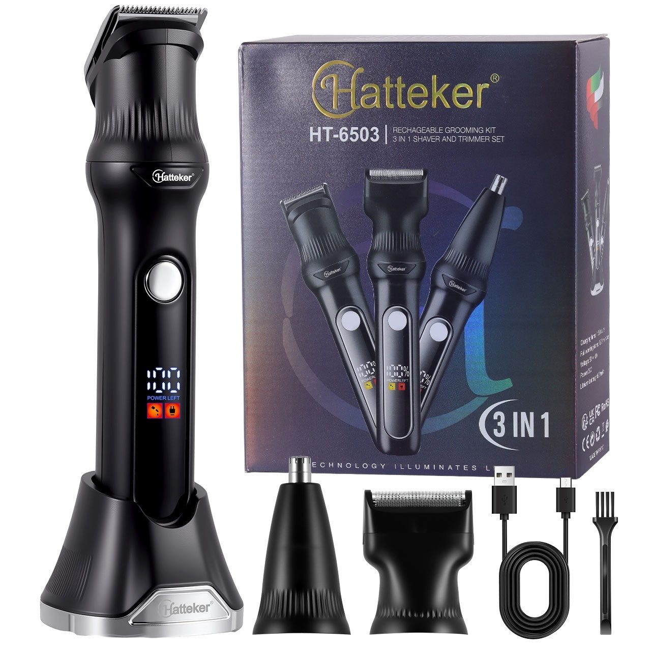HATTEKER Bartschneider HT-6503, Haarschneider, Rasierer & Nasenhaartrimmer, 3-in-1 Herren-Pflegeset