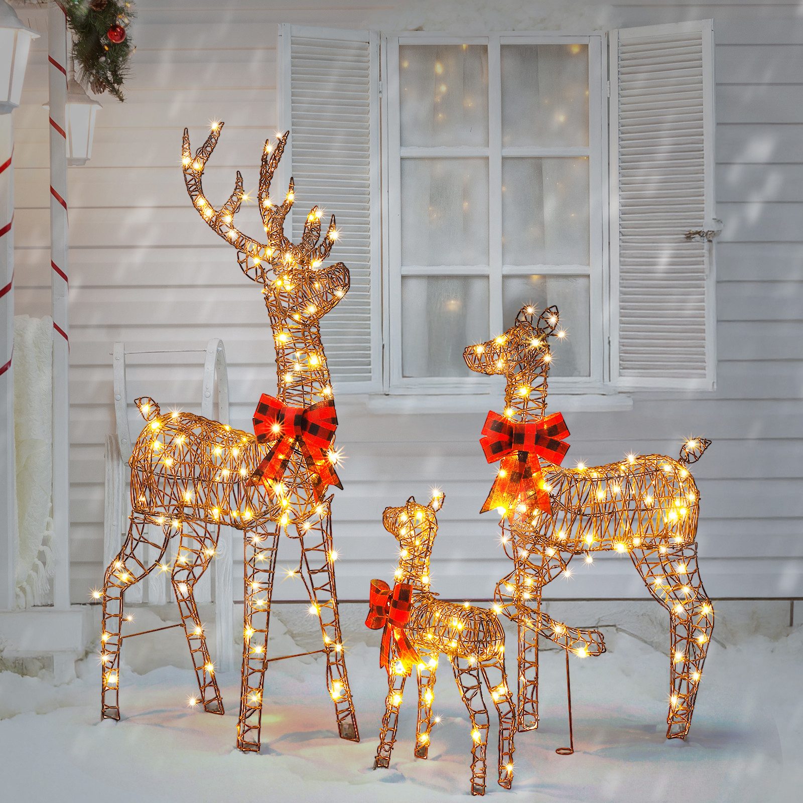 VINGLI LED-Dekofigur Leuchtendes Weihnachtsdeko, 3-teiliges Rentier-Familien-Set, aus Rattan, Weihnachtsfigur mit 290 Warmweiß Lichtern, 150 cm, Braun