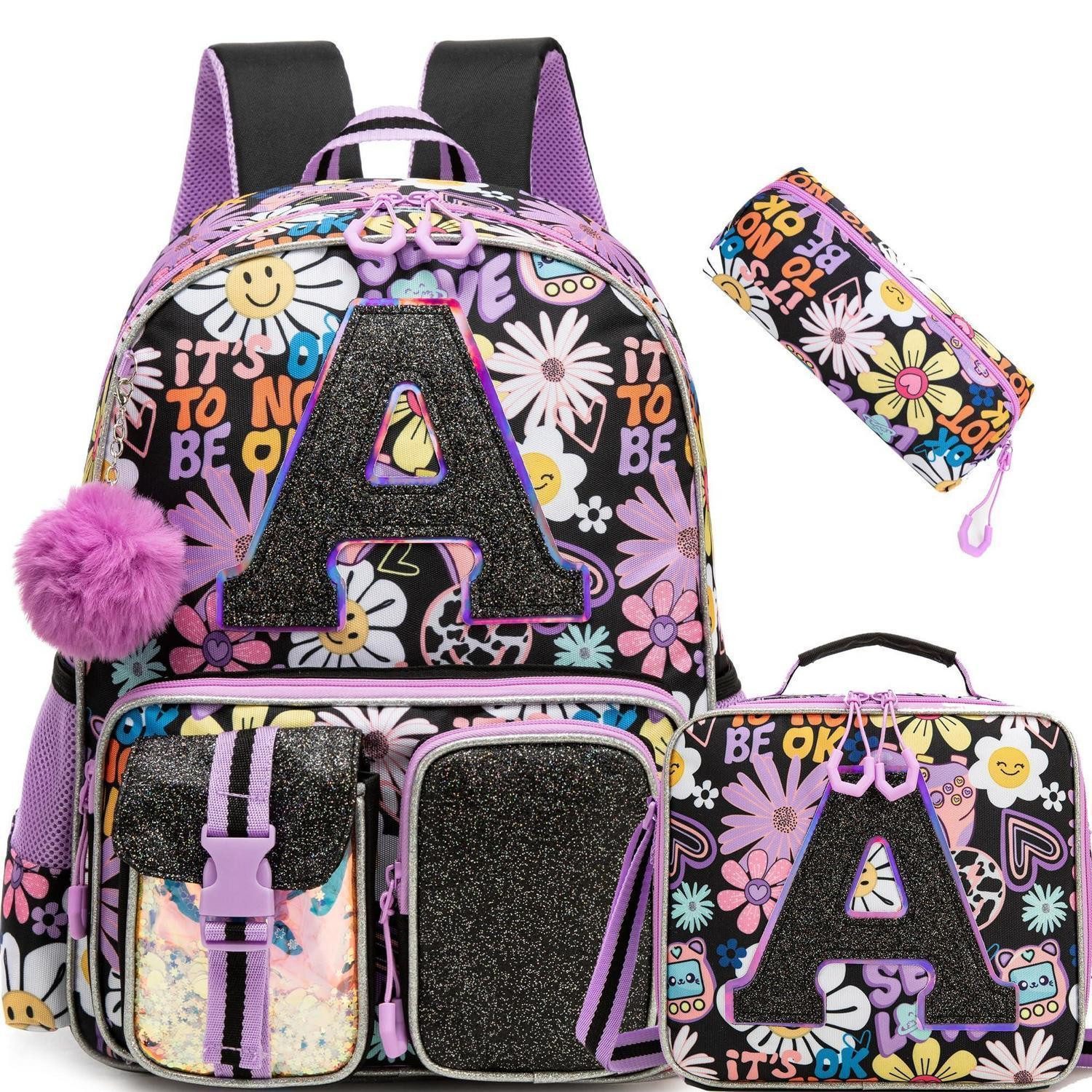 LuxusKollektion Schulrucksack Schulrucksack Mädchen Set 3-Teilig E-flower A