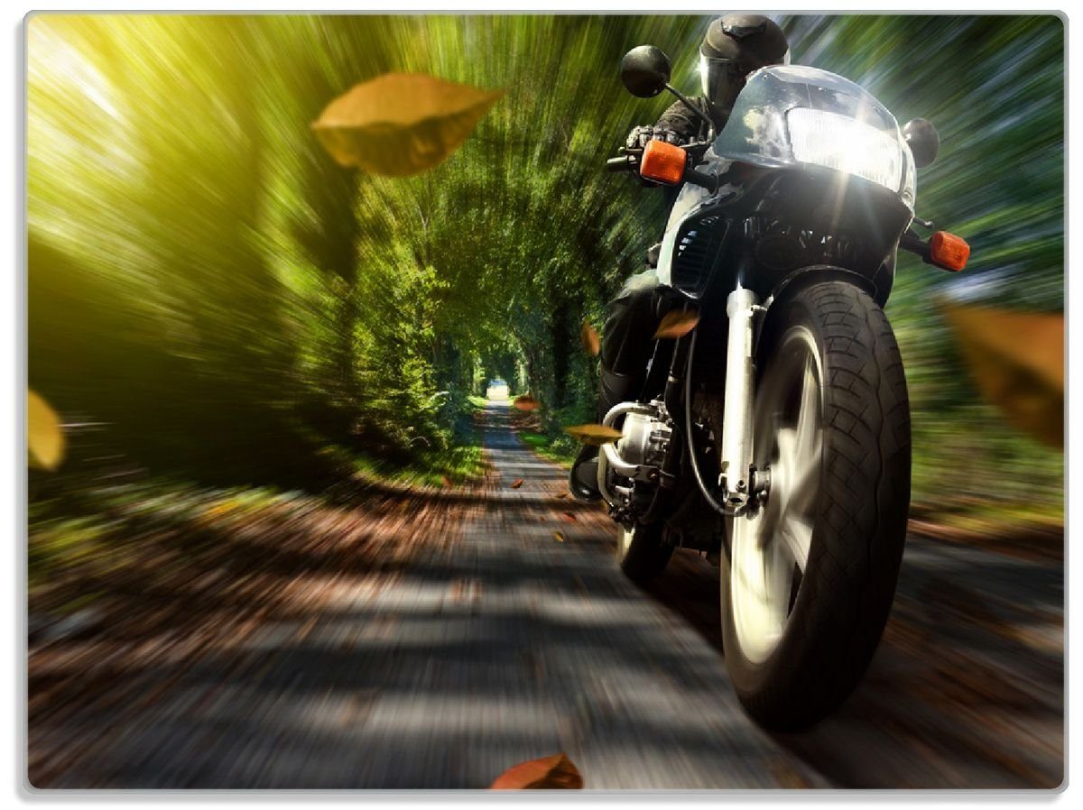 (inkl. Wallario Fahrendes Motorrad Wald Gummifüße 30x40cm 4mm, mit rutschfester Herbstlaub, 1-St), ESG-Sicherheitsglas, Schneidebrett im