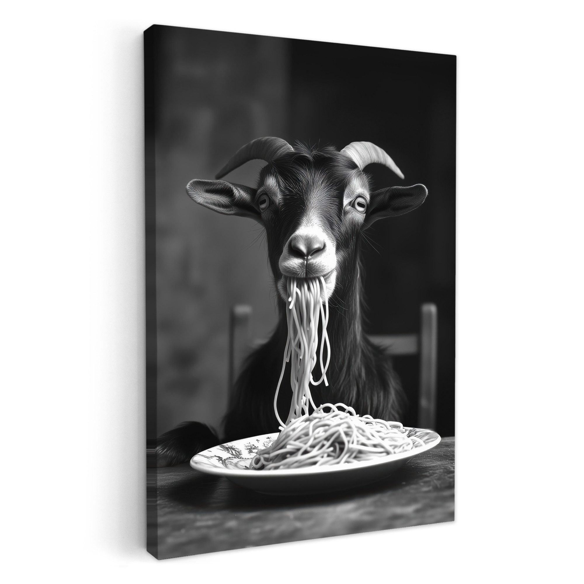 OneMillionCanvasses® Leinwandbild Ziege - Teller - Spaghetti - Schwarz und günstig online kaufen