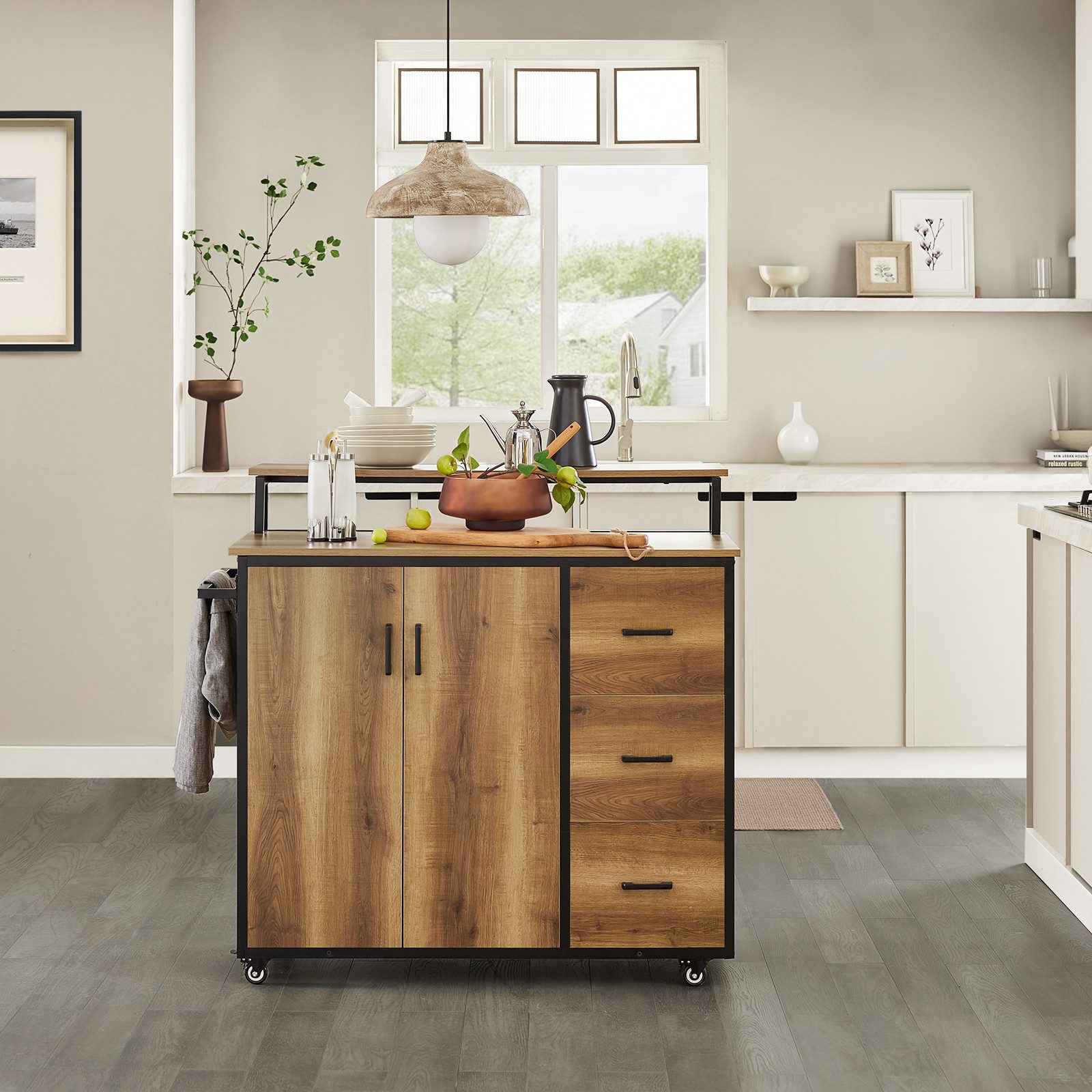 SoBuy Küchenwagen Rollwagen Sideboard, Küchentrolley, Küchenwagen mit Arbeitsplatte, Rollwagen, Kücheninsel mit Türen und Schubladen Küchenschrank