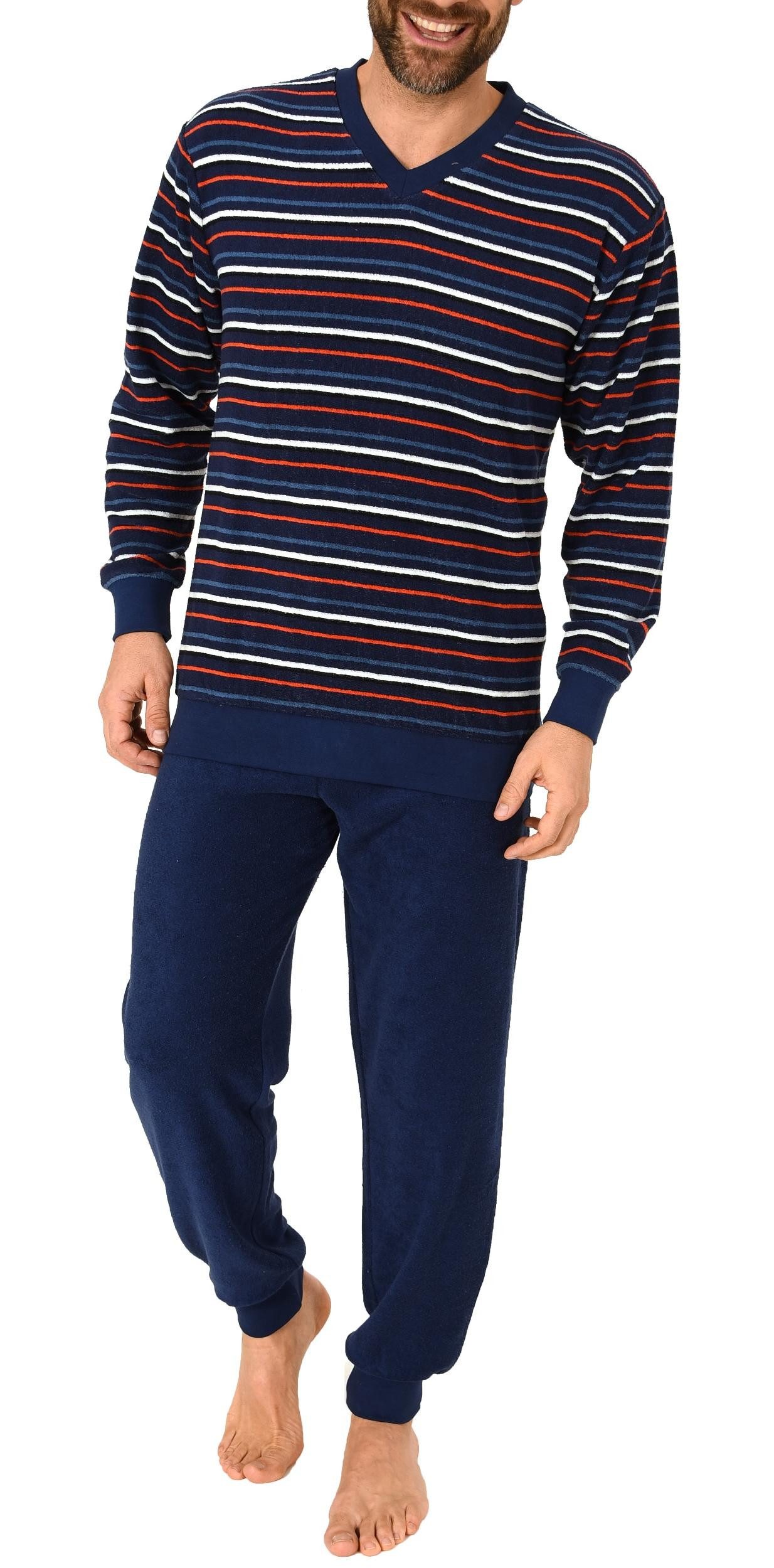Normann Pyjama Langer Herren Frottee Schlafanzug mit Bündchen Streifenoptik