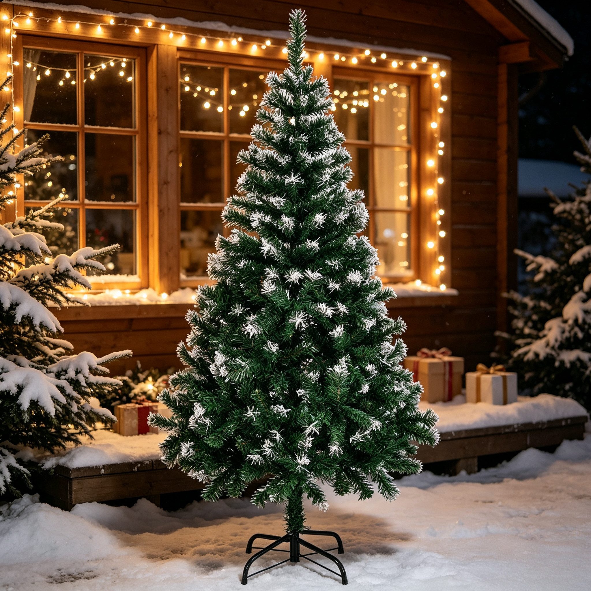VINGLI Künstlicher Weihnachtsbaum mit 300/420/480/650/700/800/870/900 Zweigspitzen, grüne Zweige mit weißen Spitzen, Eisenbeinen, 120/150/180/210 cm