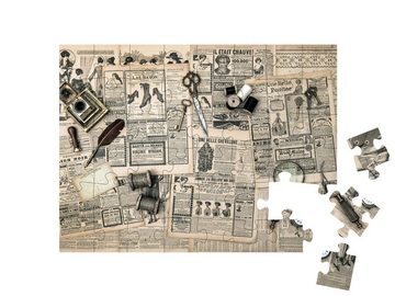 puzzleYOU Puzzle Näh- und Schreibwerkzeuge auf alten Zeitungen, 48 Puzzleteile, puzzleYOU-Kollektionen Vintage