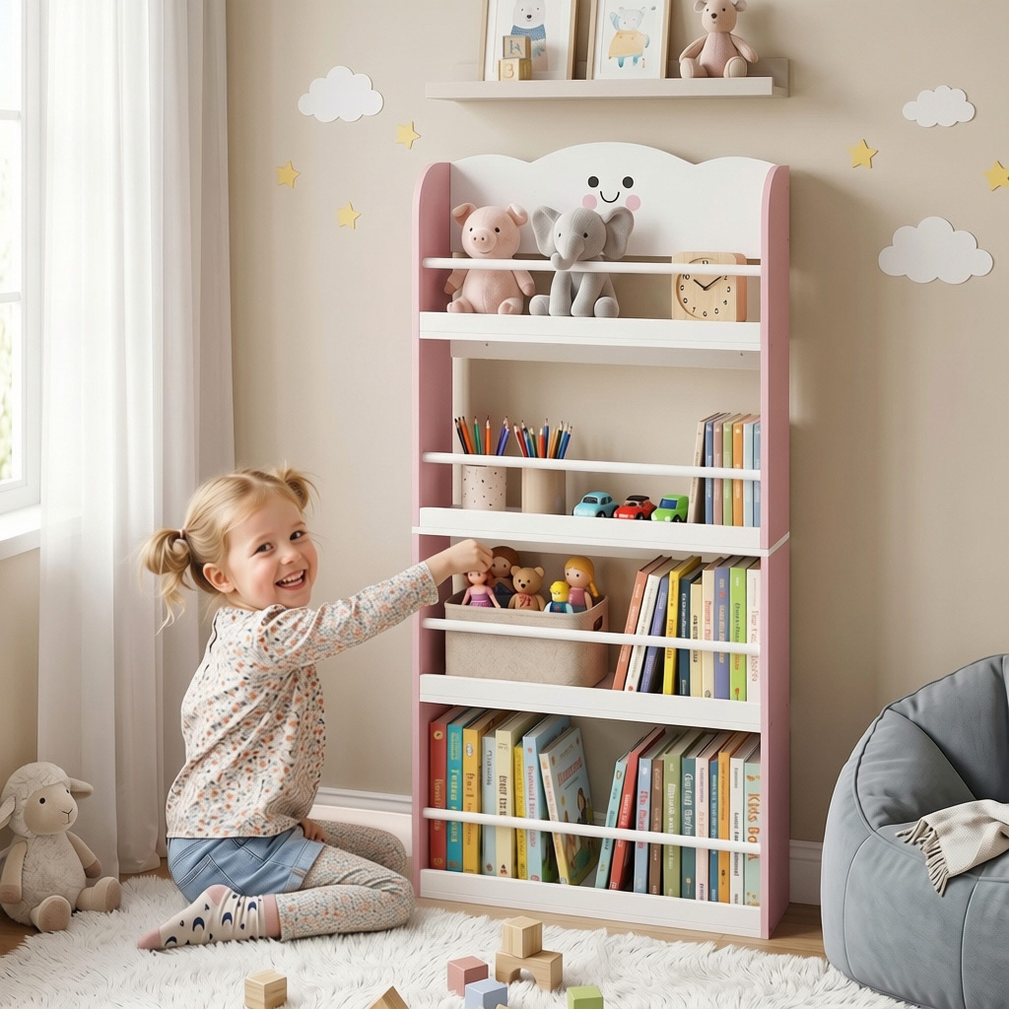 AIYAPLAY Kinderregal Bücherregal Kinder, 4 Etagen, Spielzeugregal, Zuckerwatte-Design, Kinderzimmerregal 1-tlg., Wandmontage, Anti-Kipp-Kit, platzsparend