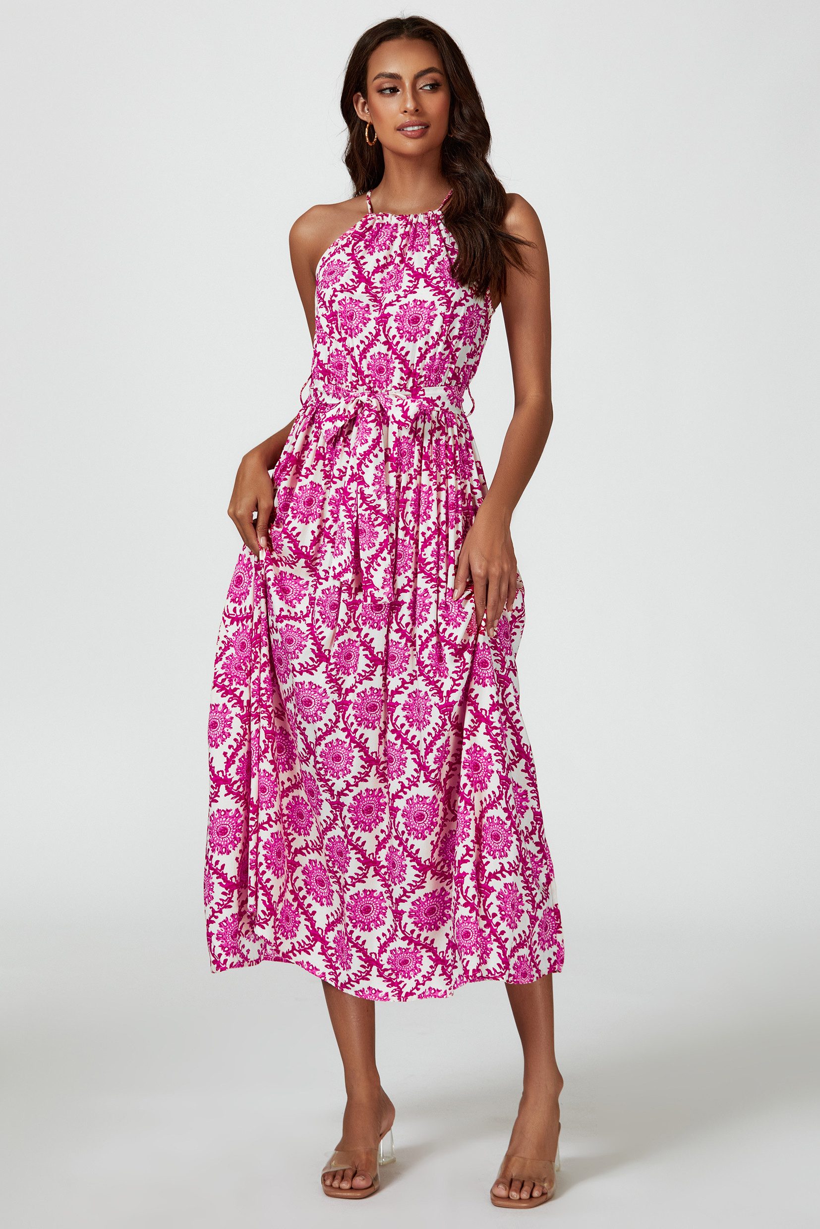 FS Collection Maxikleid Damen Maxikleid Sommerkleid Trägerkleid Ärmellos (XS (EU:36 / UK:8) · S (EU:38 / UK:10) · M (EU:40 / UK:12) · L (EU:42 / UK:14) · XL (EU:44 / UK:16), 5 Farben : Weiß-Pink, Pink, Grün, Marineblau, Offwhite-Grün) Bindegürtel, floraler Print, fließender Fall, Trägerdesign