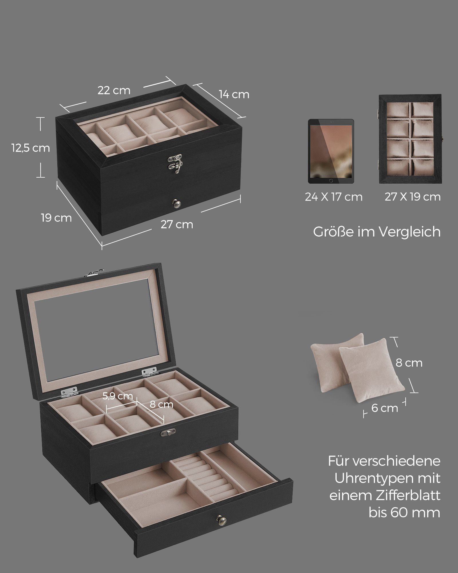 SONGMICS Uhrenbox Uhrenkasten, Schmuckaufbewahrung, mit 8 Fächern, Glasdeckel, Uhrenkissen, 27 x 20 x 13 cm (L x B x H)