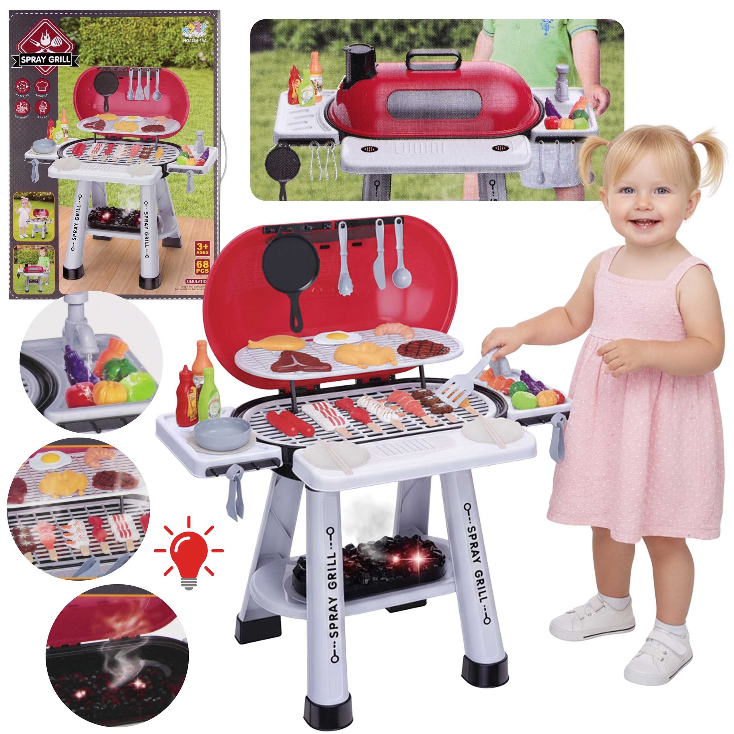 Sarcia.eu Spielküche Kinder Grill mit Deckel + Zubehör, BBQ-Spielzeug mit Sprüheffekt