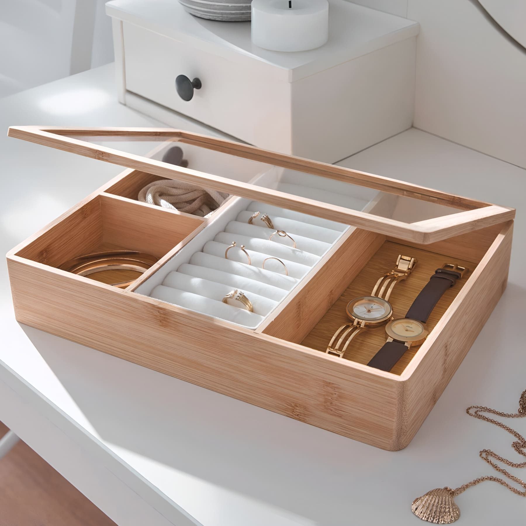 Dekoleidenschaft Schmuckkasten "Bamboo" Schmuckkästchen aus Bambus mit Glasdeckel, Schmuckschatulle, Schmuck Aufbewahrungsbox, Schmuckaufbewahrung – Bild 5 von 5