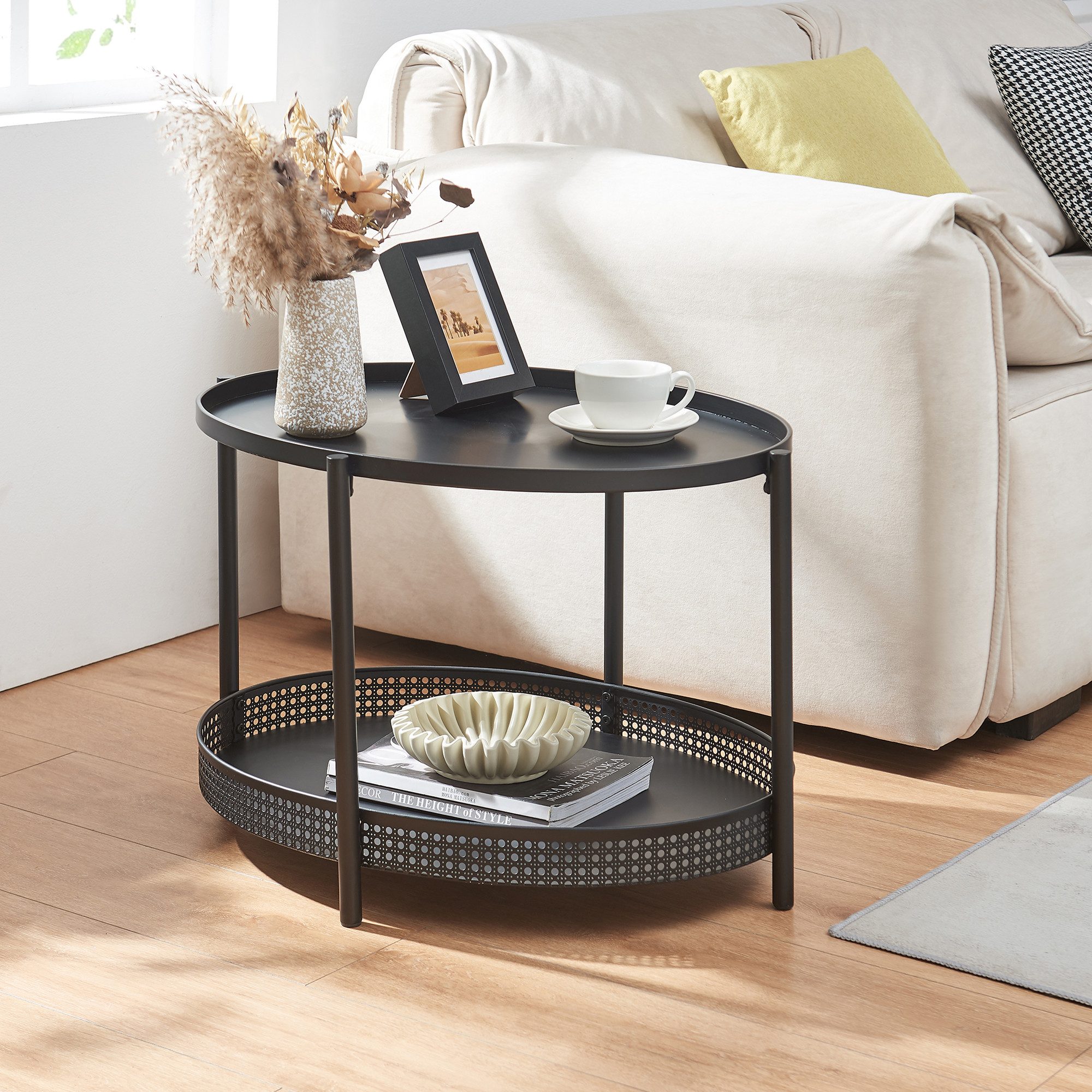 en.casa Couchtisch, »Jäller« Metall oval in Rattan-Optik 66 x 51 x 44 cm Schwarz