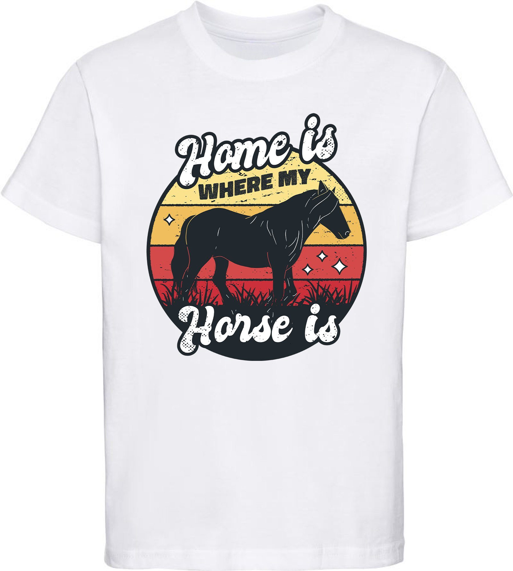 MyDesign24 Print-Shirt bedrucktes Mädchen T-Shirt - Home is where my horse is Baumwollshirt mit Aufdruck, i156 weiss