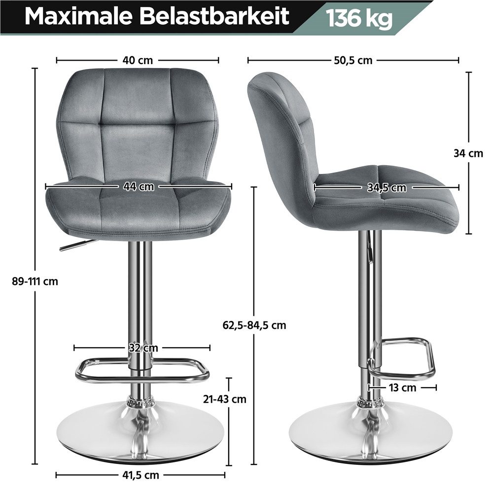 Yaheetech Barhocker 360° Drehbare Hocker mit Fußstütze (2 St), 1/2/4/6er-Set Barstühle Küchenstühle Bistrohocker höhenverstellbar – Bild 4 von 5