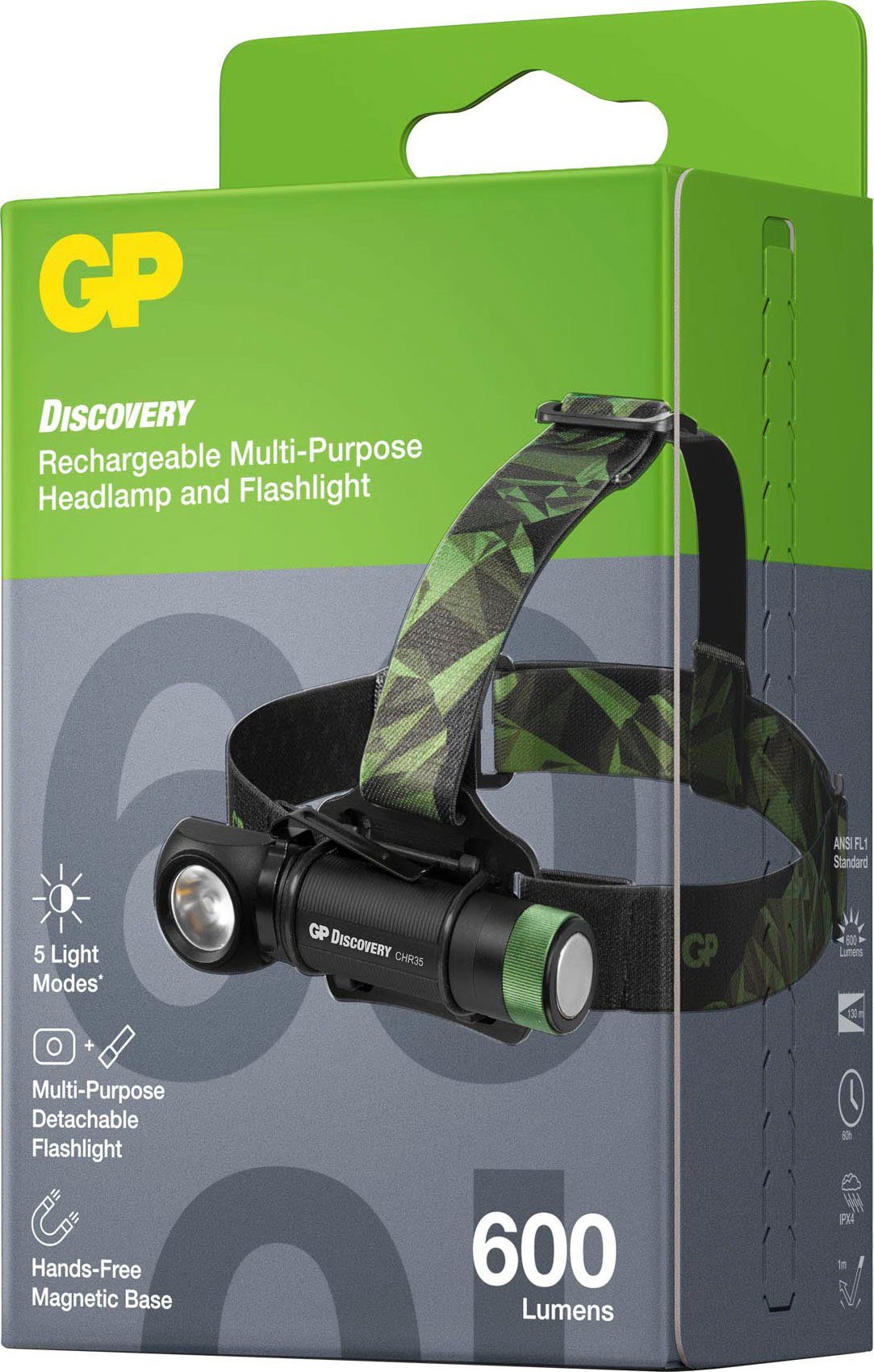 Stirnlampe Ladekabel GP Wiederaufladbar, Akku Discovery CHR35, + Discovery USB inkl. GP Batteries Lumen, Li-Ion 600 18650