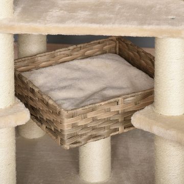 PawHut Kratzbaum mit Katzenhöhle Mehrstufiger Katzenbaum, E1 MDF Sisal, Beige+Braun, 55L x 55B x 174H cm