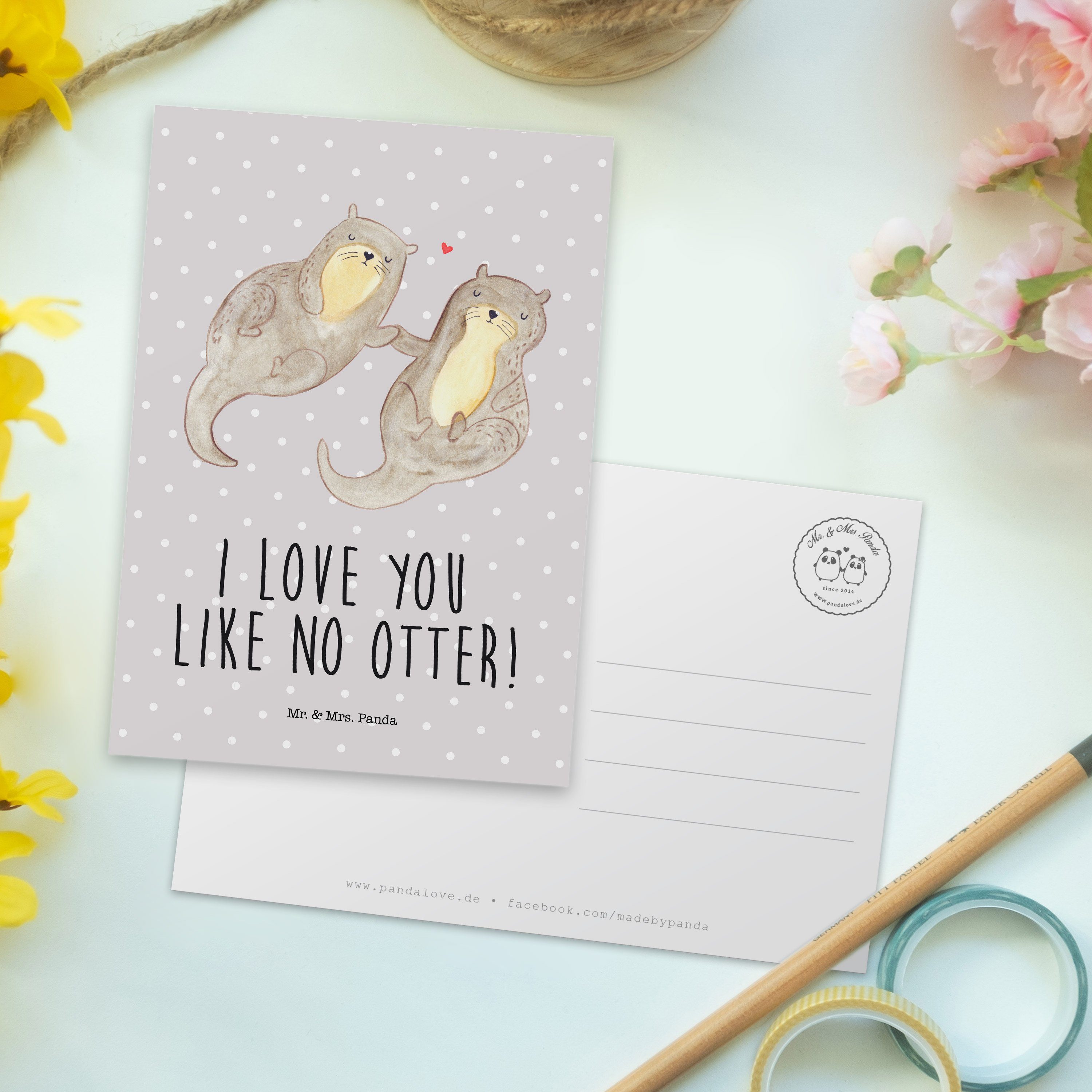 - Mr. Postkarte Otter & händchenhaltend Seeotter, Geschenk, Mrs. Grau - Panda Pastell Ansichtska