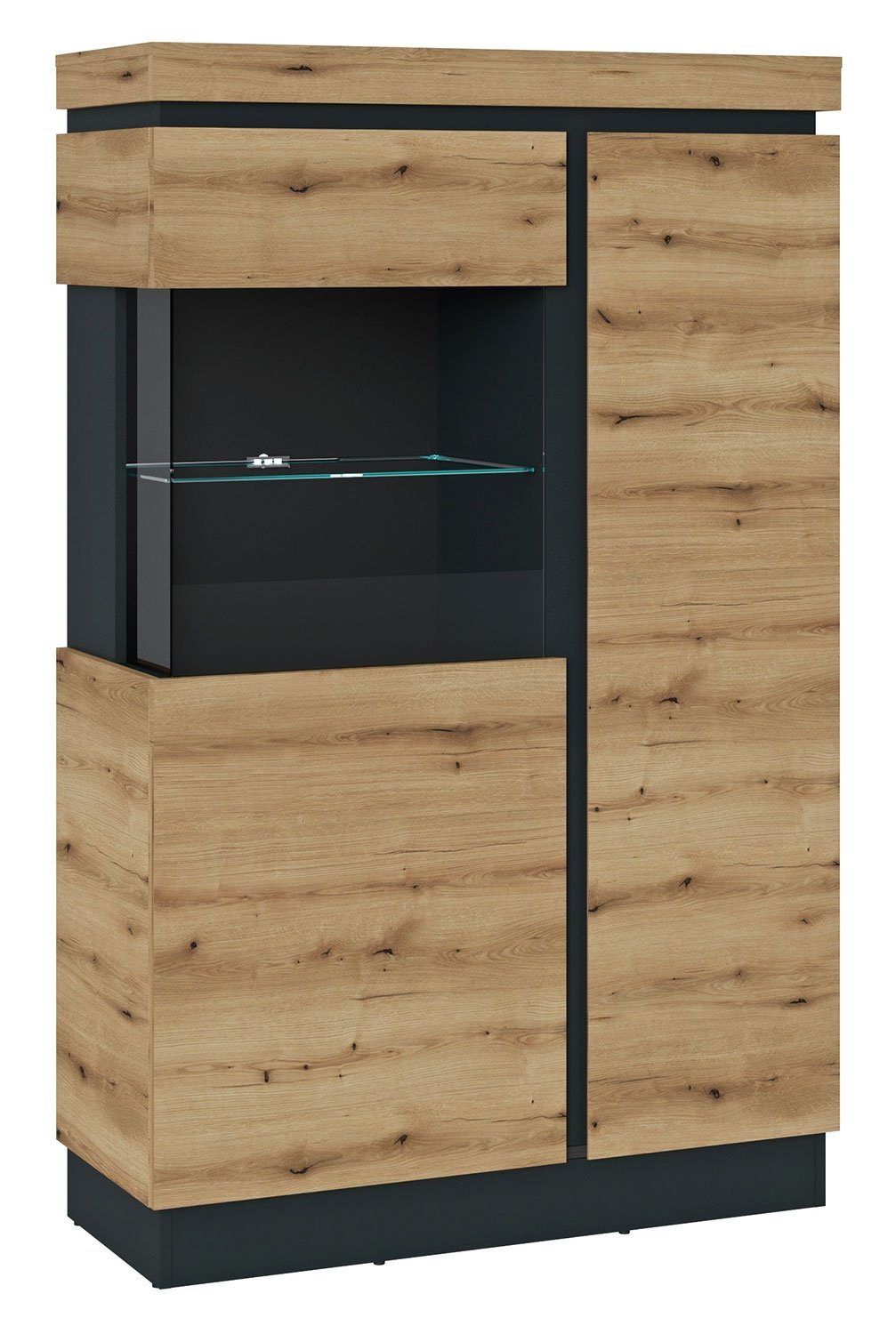 Highboard CORTE, B 103 x H 163 cm, Coast Evoke Eiche Dekor, Grau, 2 Türen, ohne Beleuchtung