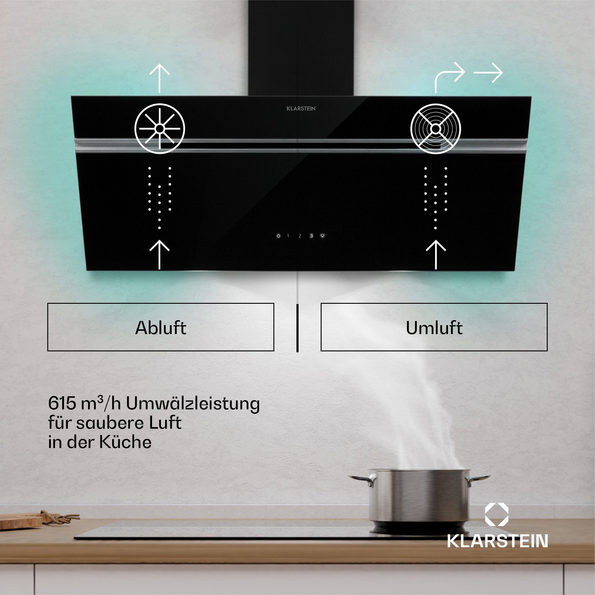 Klarstein Deckenhaube Alina Serie Alina Dunstabzugshaube 90 cm 615 m³/h Umluft Touch leise Alina, Kopffreihaube Schornsteinhaube Abluft mit LED Glas-Bedienfeld leise