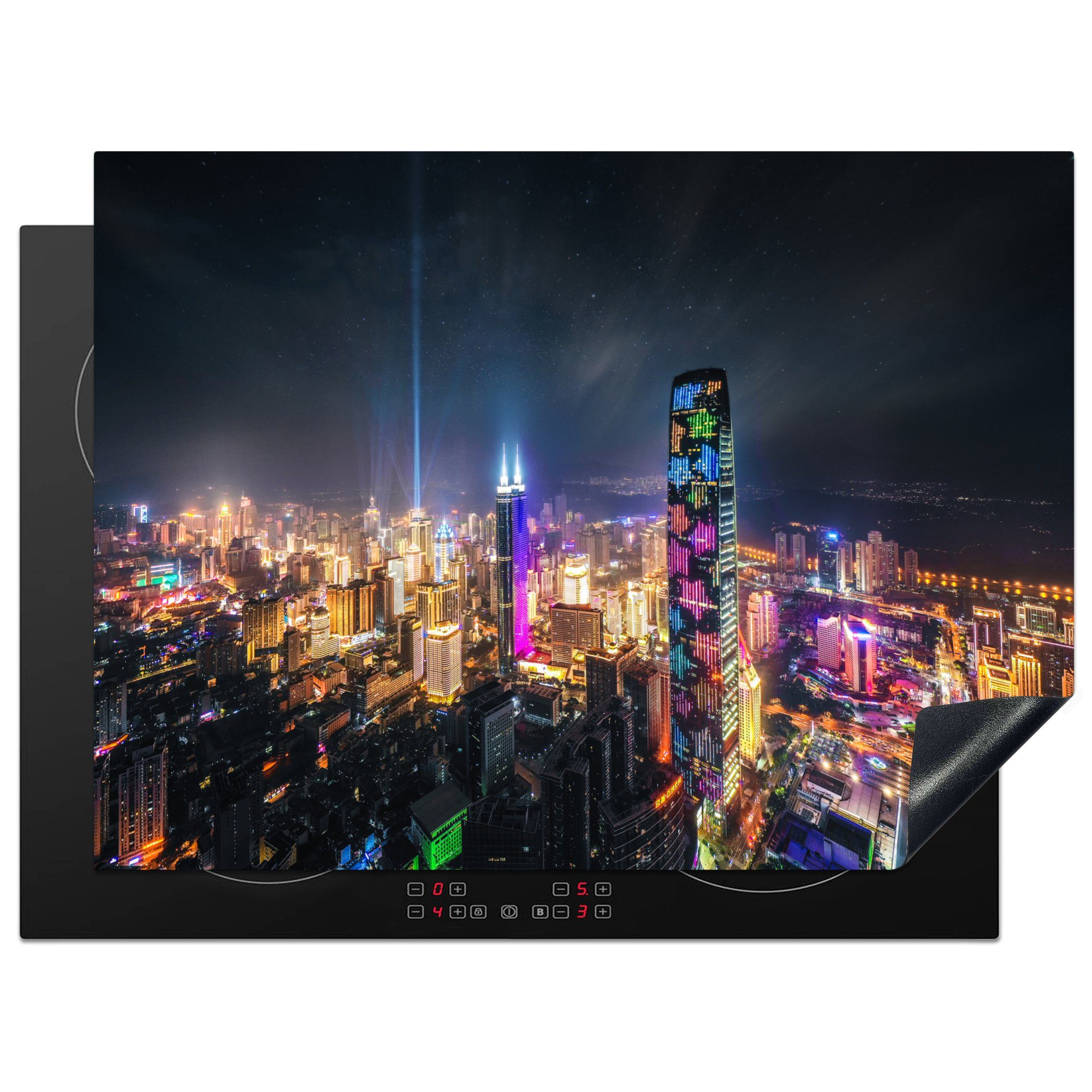 MuchoWow Skyline Shenzhen 100, Herdblende-/Abdeckplatte Arbeitsfläche Vinyl, von beleuchteten (1 nutzbar, tlg), Die mit dem Ceranfeldabdeckung cm, Mobile Kingkey 70x52