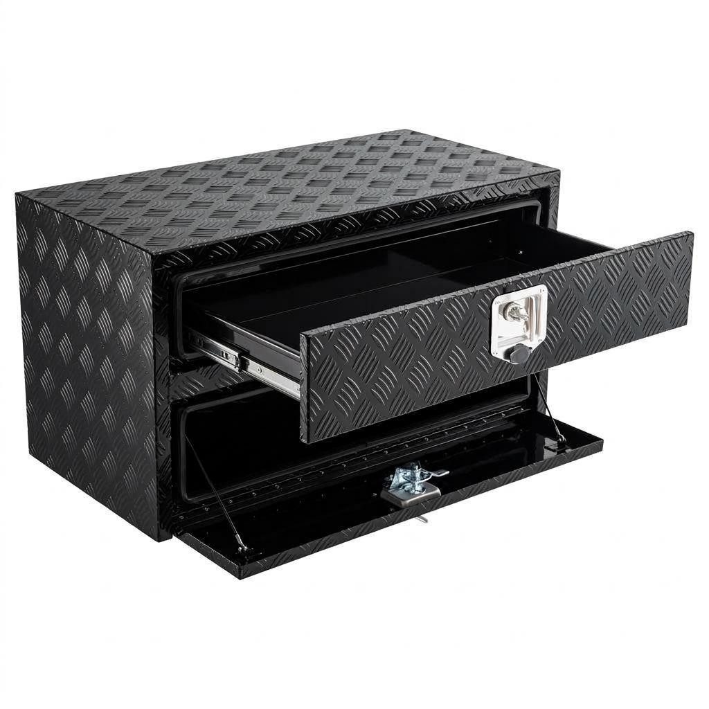 GarveeMore Aluminium-Unterboden-Werkzeugbox, 2 Ebenen (Schublade + Klappe), abschließbar, schwarz, 60×45×50 cm