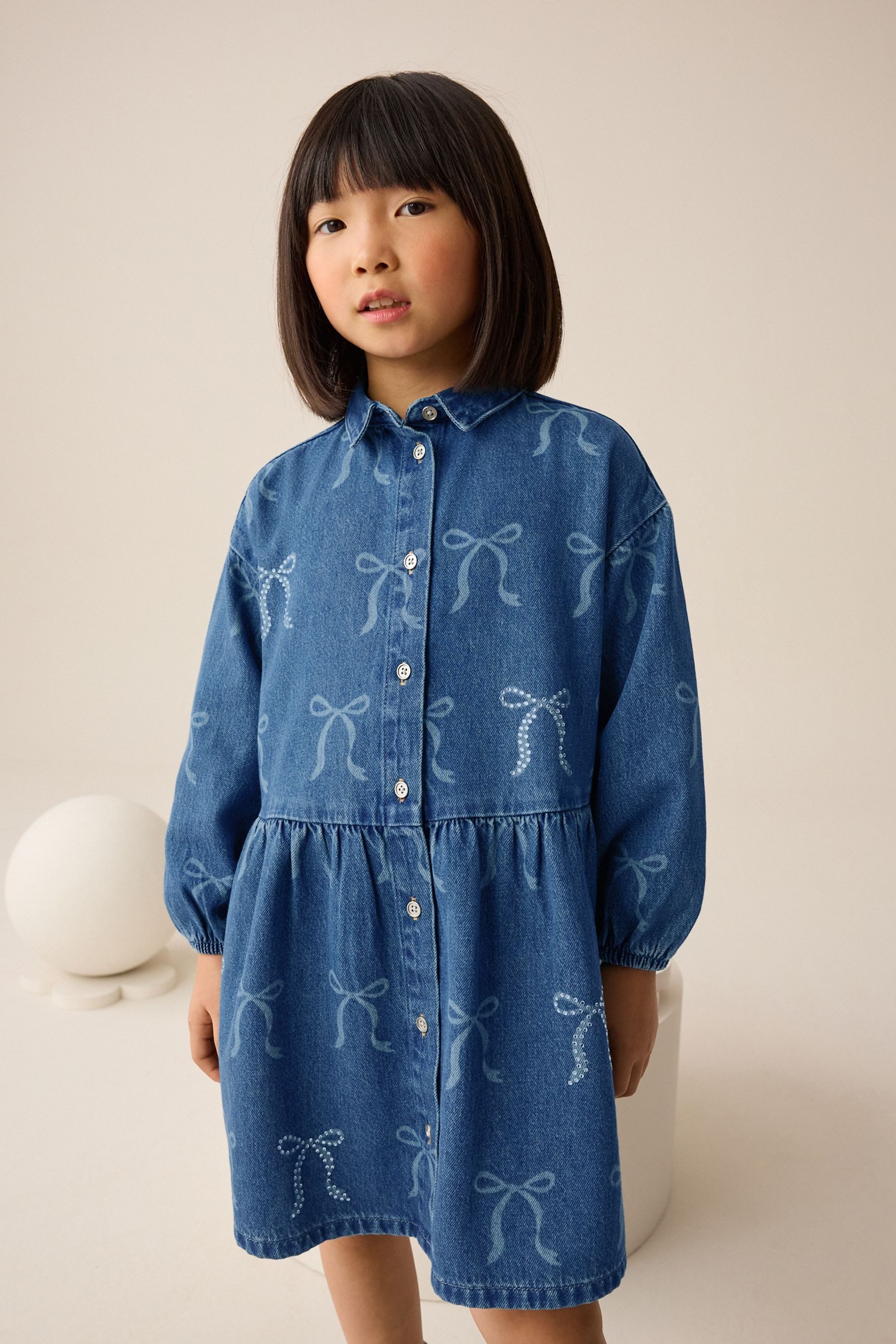 Next Hemdblusenkleid Hemdblusenkleid mit Strasssteinen und Schleife (1-tlg)
