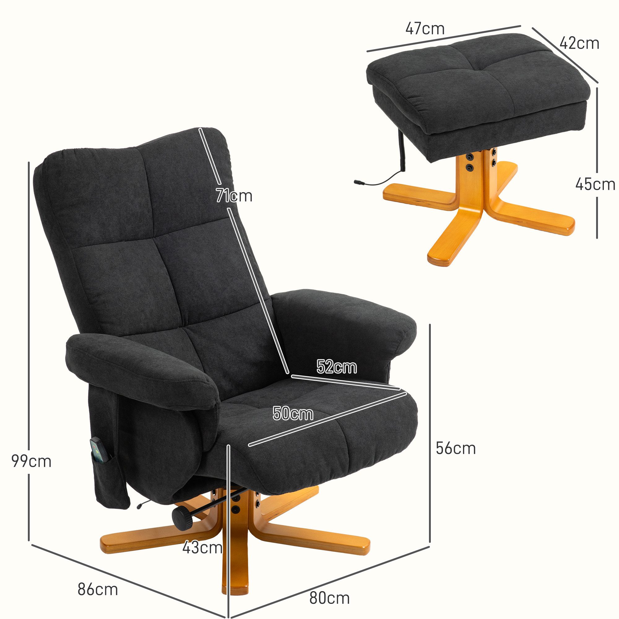 HOMCOM Massagesessel mit Fußhocker, Stauraum Relaxsessel mit Liegefunktion (Relaxsessel, 2-St., Fernsehsessel), mit Seitentasche, Fernbedienung, Holzrahmen, Polyester, Schwarz