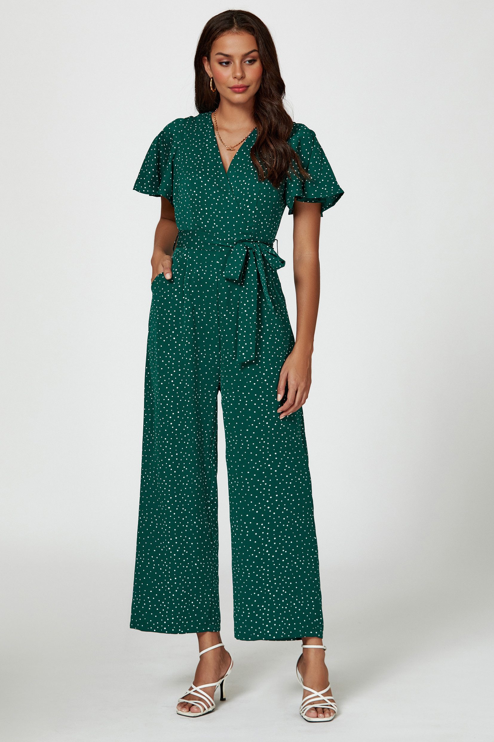 FS Collection Jumpsuit Damen Jumpsuit mit Wickeloberteil und weitem Bein (XS (EU:36 / UK:8) · S (EU:38 / UK:10) · M (EU:40 / UK:12) · L (EU:42 / UK:14) · XL (EU:44 / UK:16), 4 Farben: Rostrot, Schwarz, Grün und Dunkelgrün) Wickeloptik, Statement-Print, elegante Silhouette