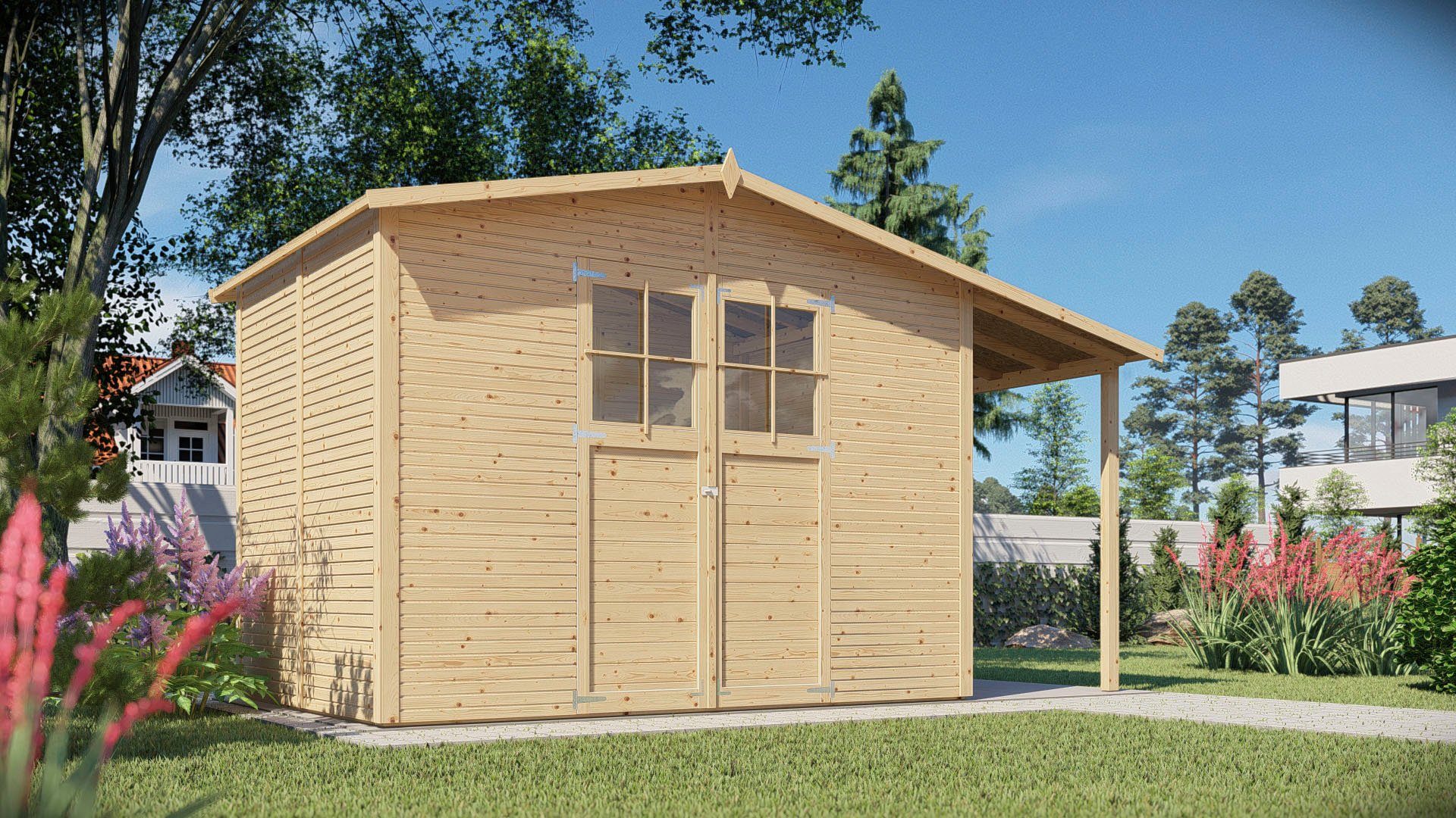 KONIFERA Gartenhaus Alto 4 PLUS Fineline Satteldach, BxT: 440x209 cm, mit Anbaudach