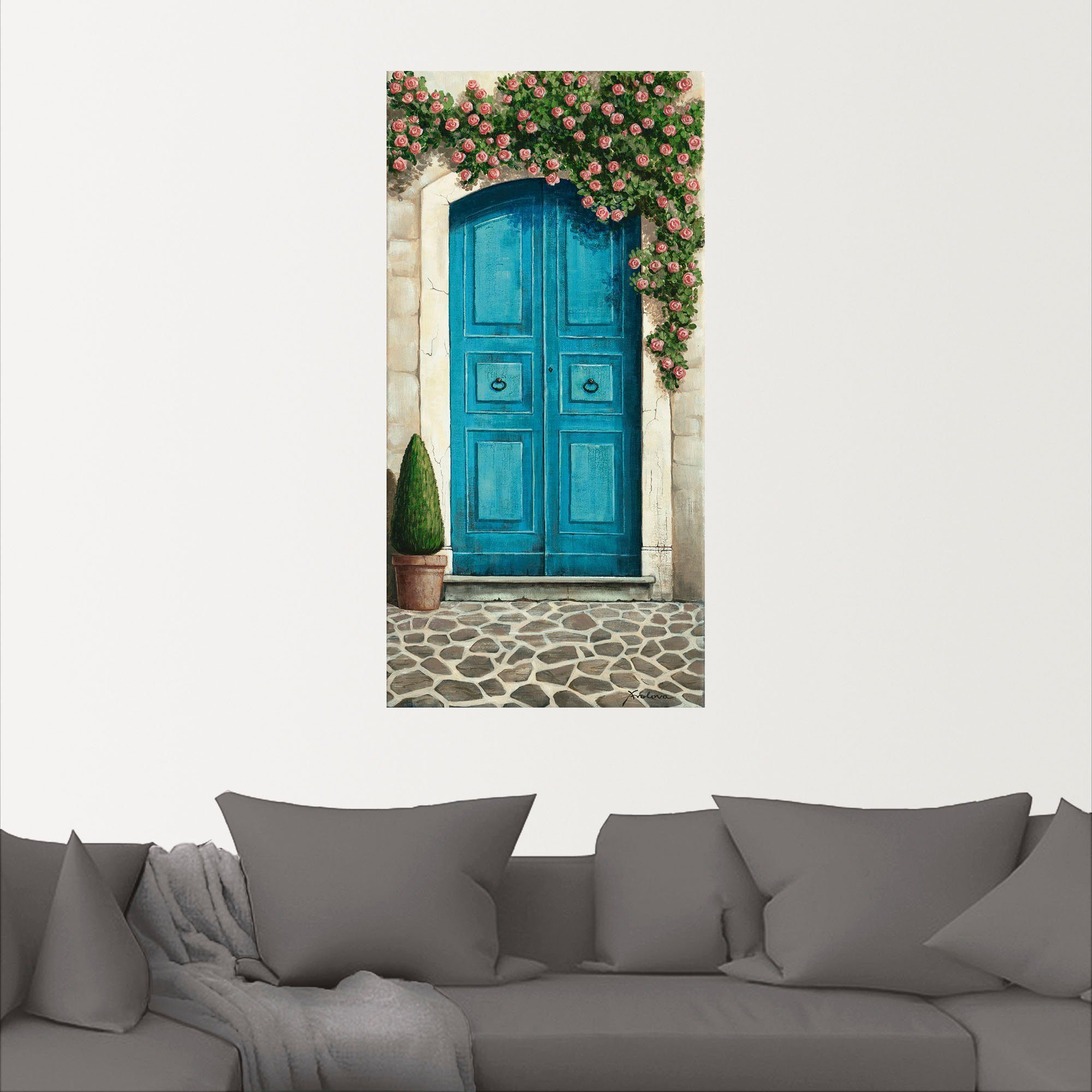 Größen Blaue mit (1 versch. & Wandbild Alubild, Türen Kletterrosen, oder St), Leinwandbild, in als Tür Artland Poster Wandaufkleber Fenster