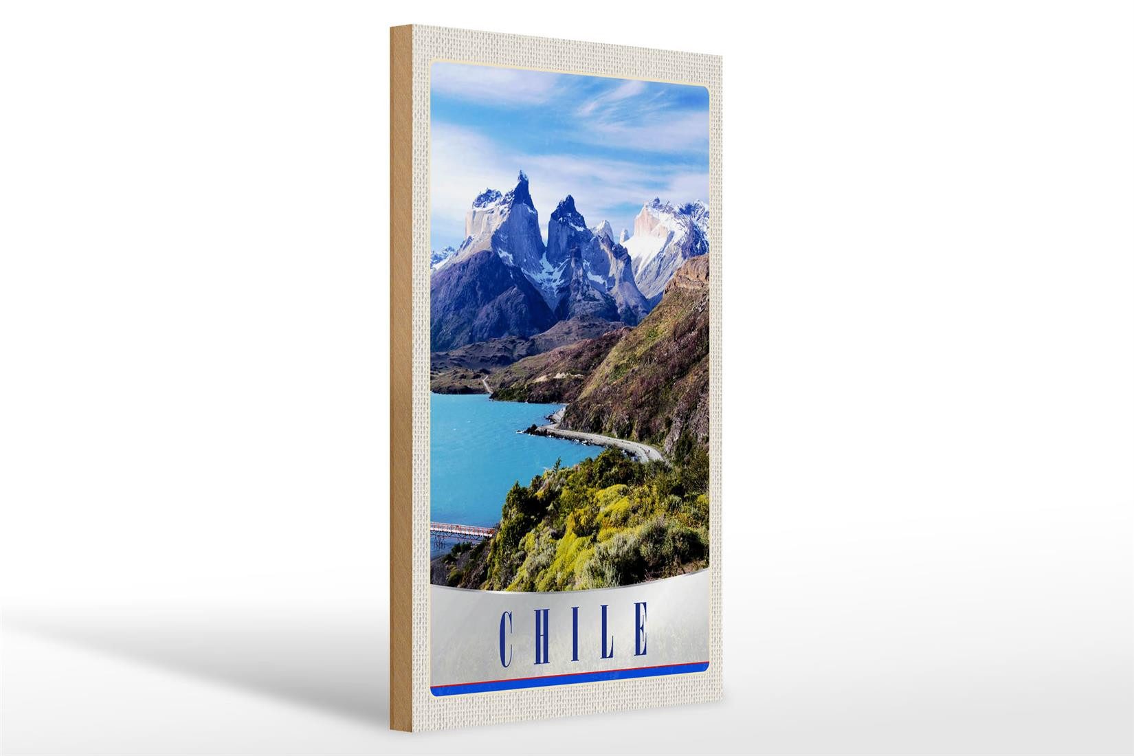 Holzbild Reise 20x30cm Chile Gebirge Meer Natur Schnee