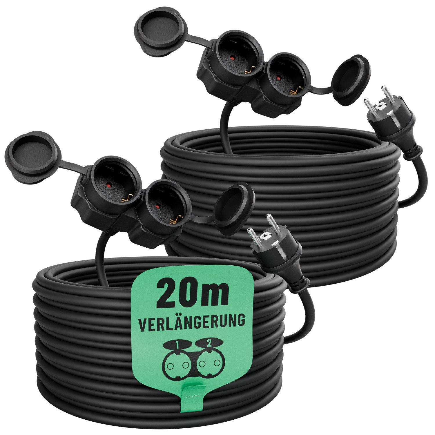 greate. 2x 2fach Verlängerungskabel 20m - wasserdicht IP44 - 3500 W Verlängerungskabel