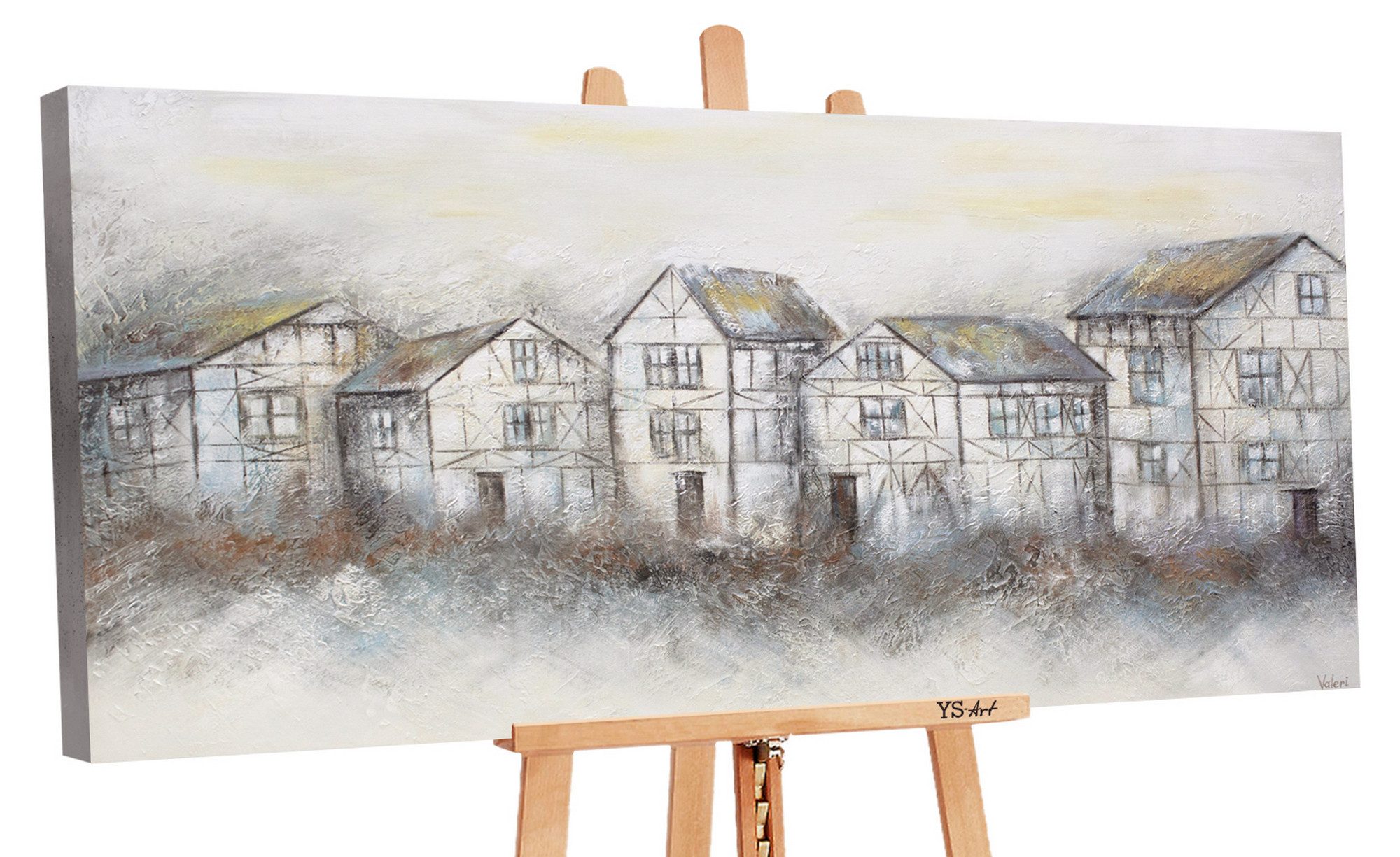 YS-Art Gemälde Ruhige Straße, Architektur, Leinwand Bild Handgemalt Alte Häuser Dorfleben Fachwerkhaus