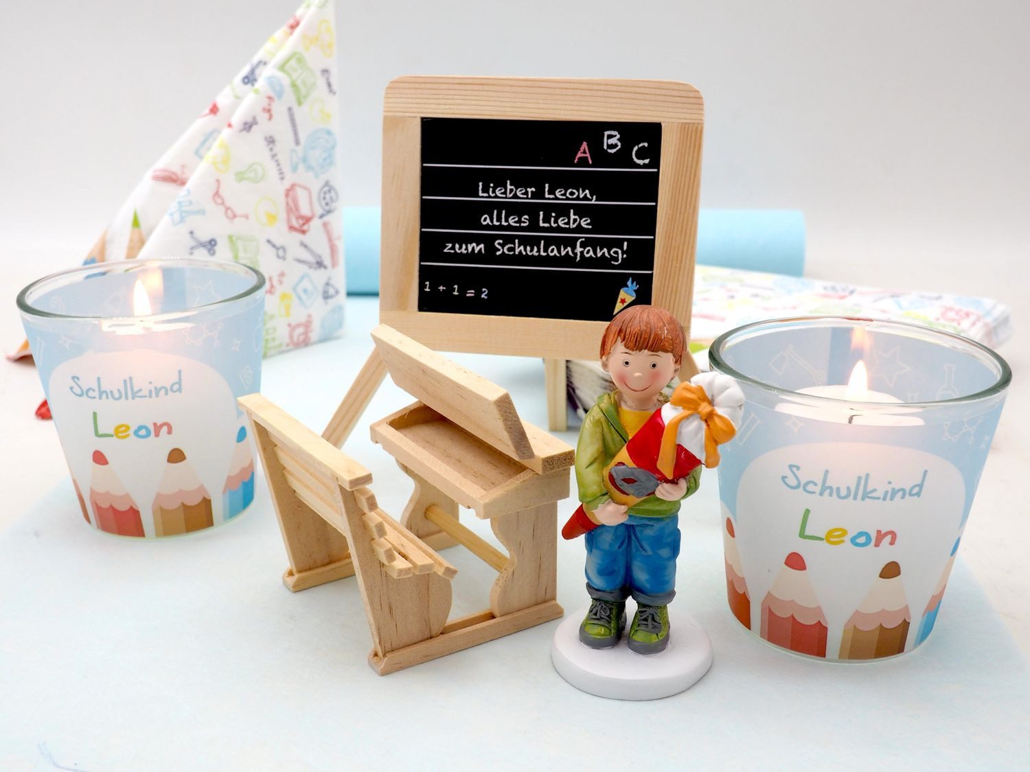 ZauberDeko Tischdecke Tischdeko Einschulung Schulanfang Junge Blau Schule Personalisiert SET