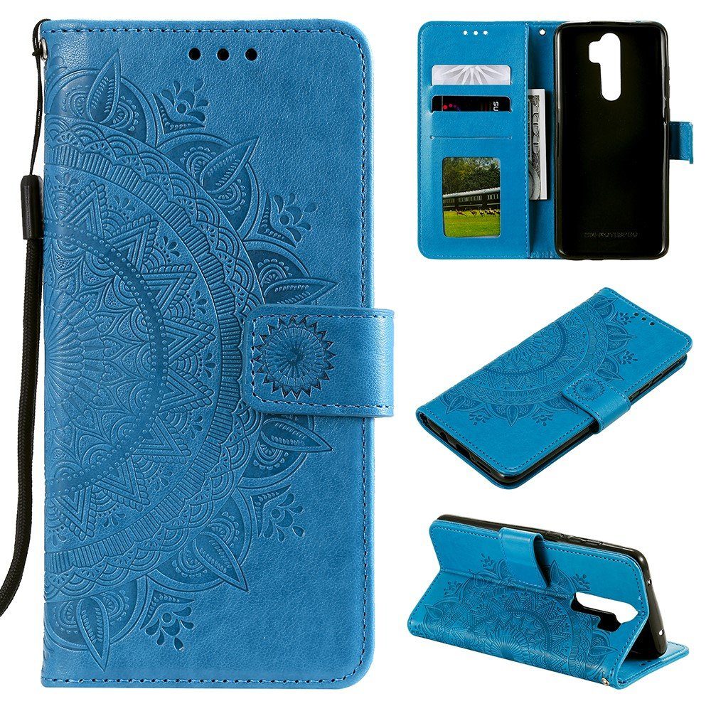 CoverKingz Handyhülle Xiaomi Redmi Note 8 Pro Handy Hülle Flip Case Schutzhülle Mandala Blau, Klapphülle Schutzhülle mit Kartenfach Schutztasche Motiv Mandala
