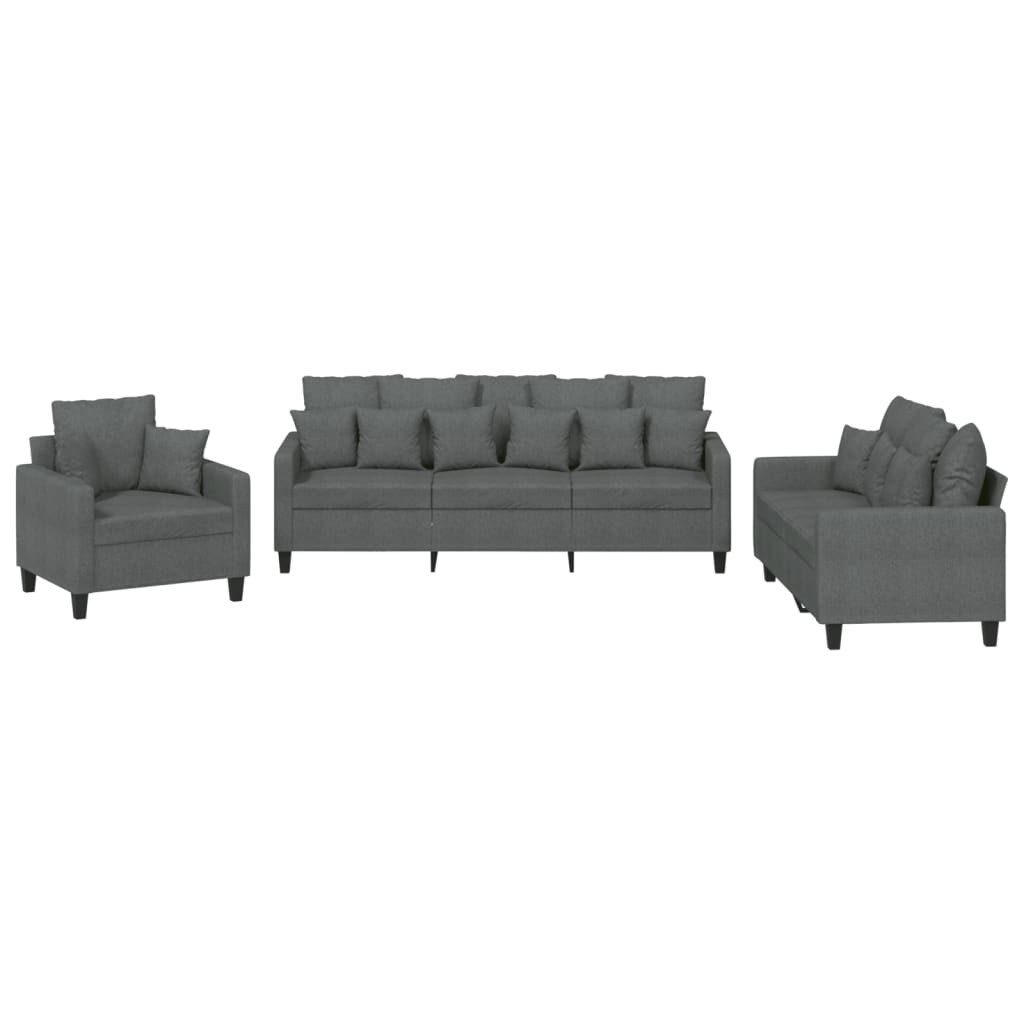 vidaXL Sofa, 3-tlg. Sofagarnitur mit Kissen Dunkelgrau Stoff