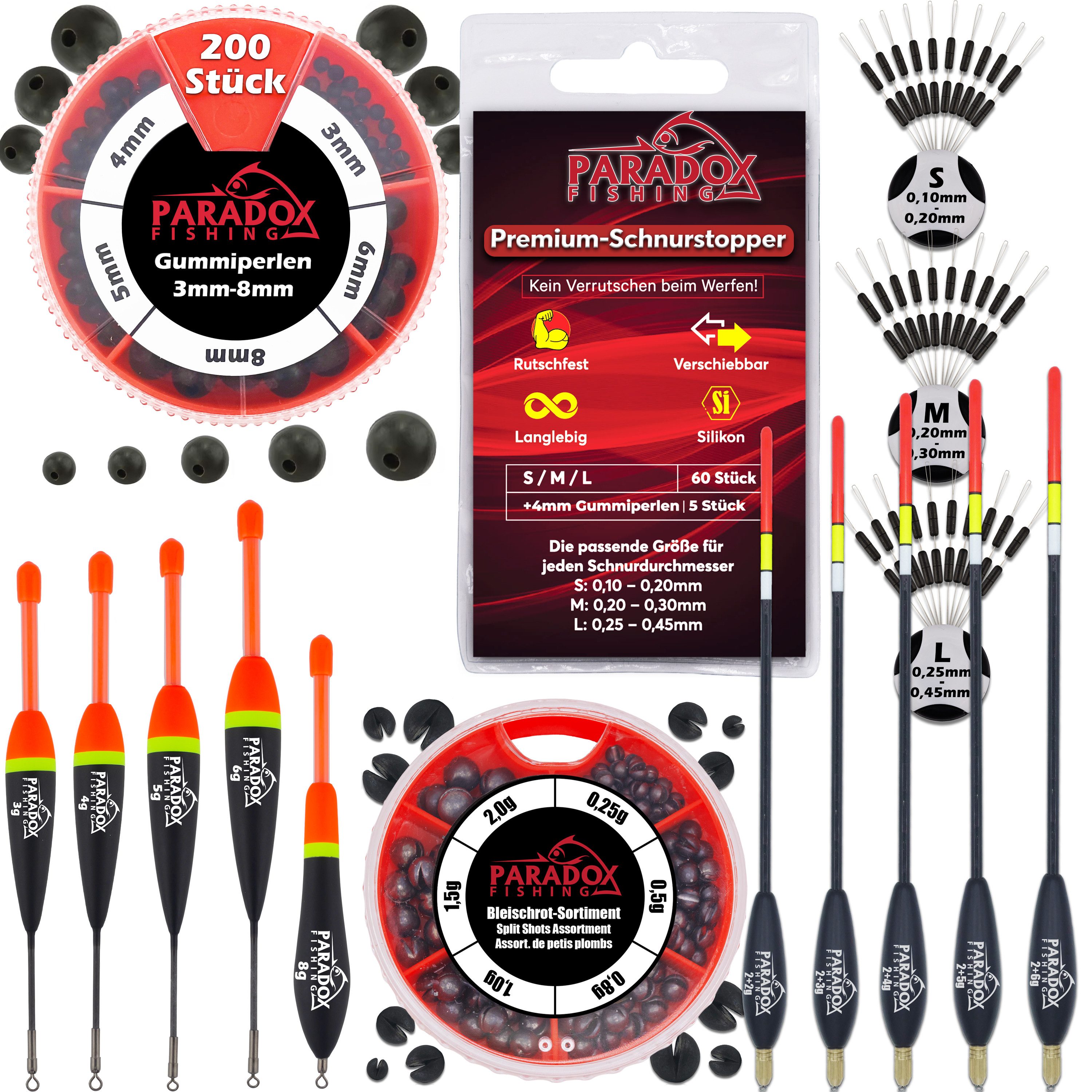 Paradox Fishing Friedfischpose Posen Set mit Gummiperlen und Schrotblei, (5 Waggler 5 Knicklichtposen 200 Gummiperlen 1 Schrotblei Set), Knicklichtposen Waggler