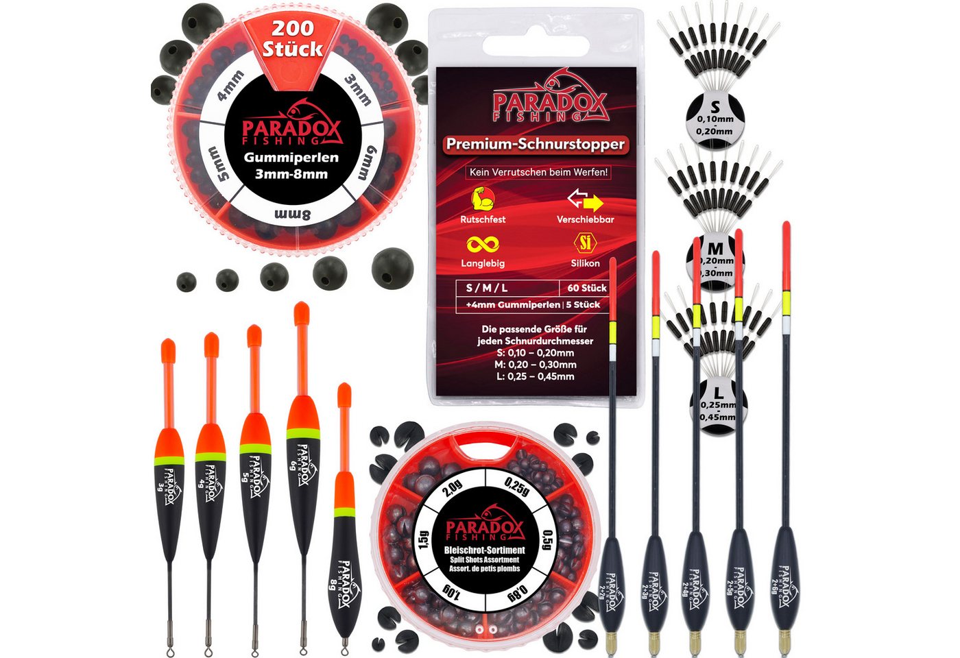 Paradox Fishing Friedfischpose Posen Set mit Gummiperlen und Schrotblei, (5 Waggler 5 Knicklichtposen 200 Gummiperlen 1 Schrotblei Set), Knicklichtposen Waggler