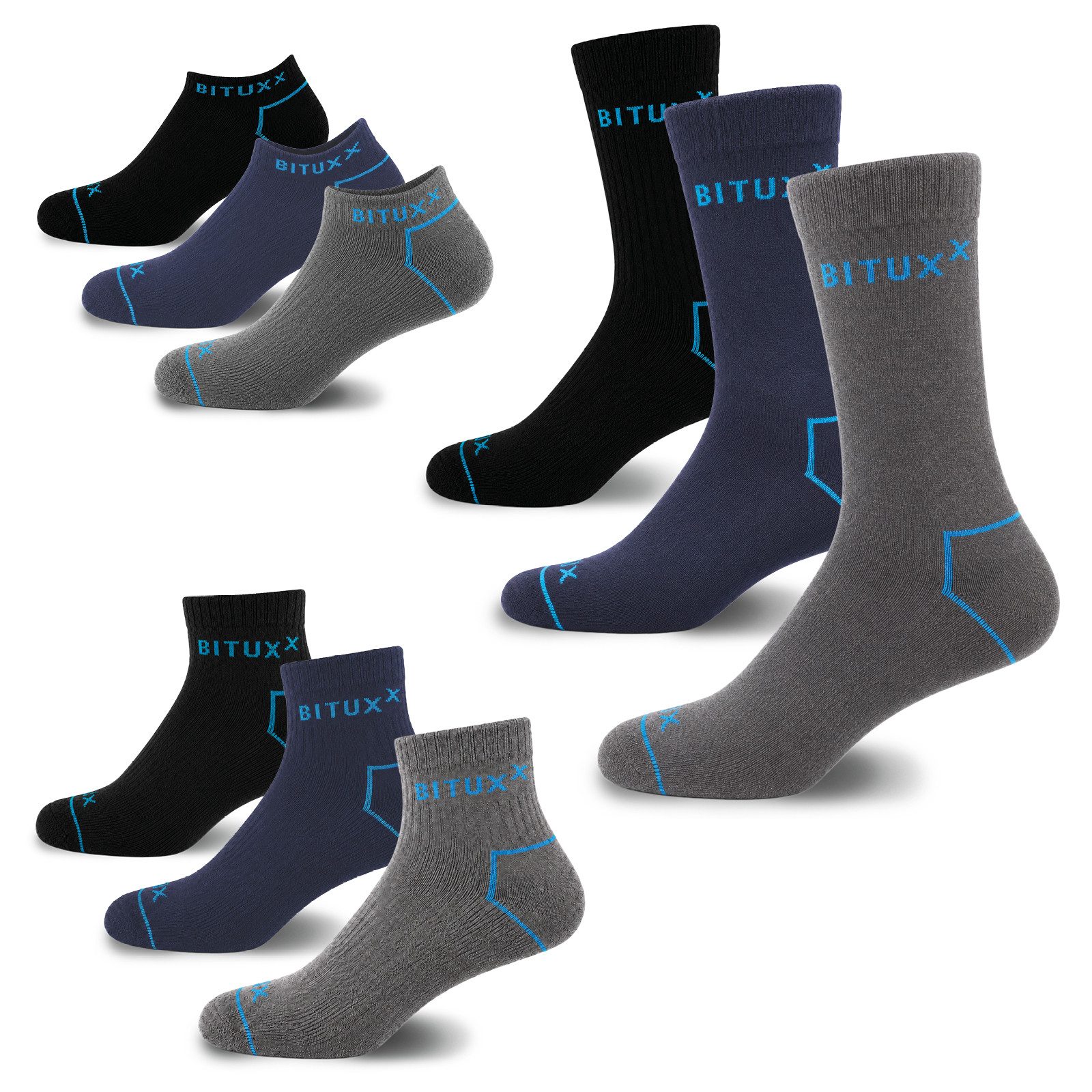 Bituxx Sneakersocken 9er Set Socken Sneakers / Quaters / Full 39-42 Grau (Spar-Set, 9-Paar, MS-18670)