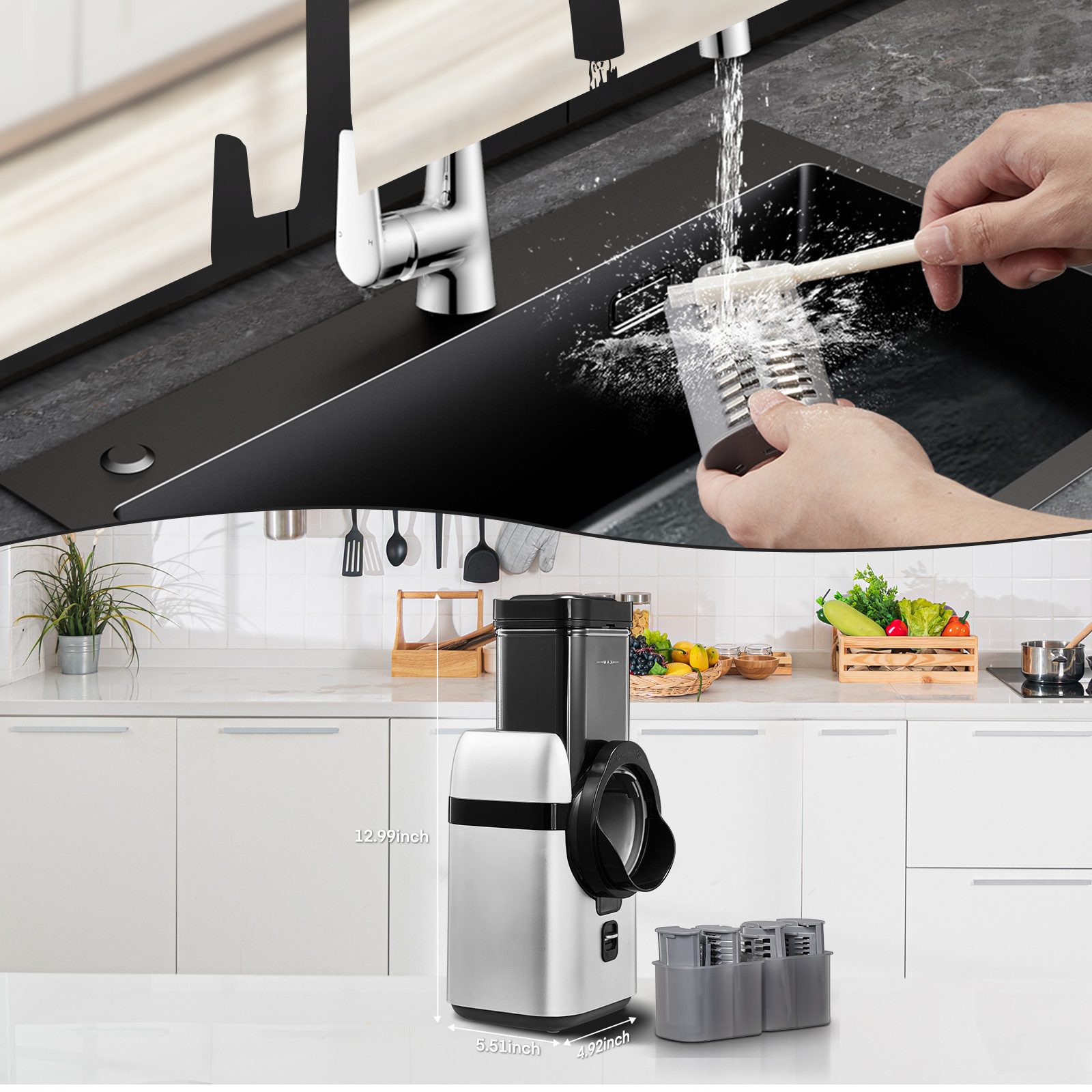 FOHERE Gemüseschneider 5-in-1 Elektrischer Gemüseschneider für effiziente Essenszubereitung, 80 W, 2 Größen Einfüllschacht für alle Zutaten, Aufbewahrungsbox