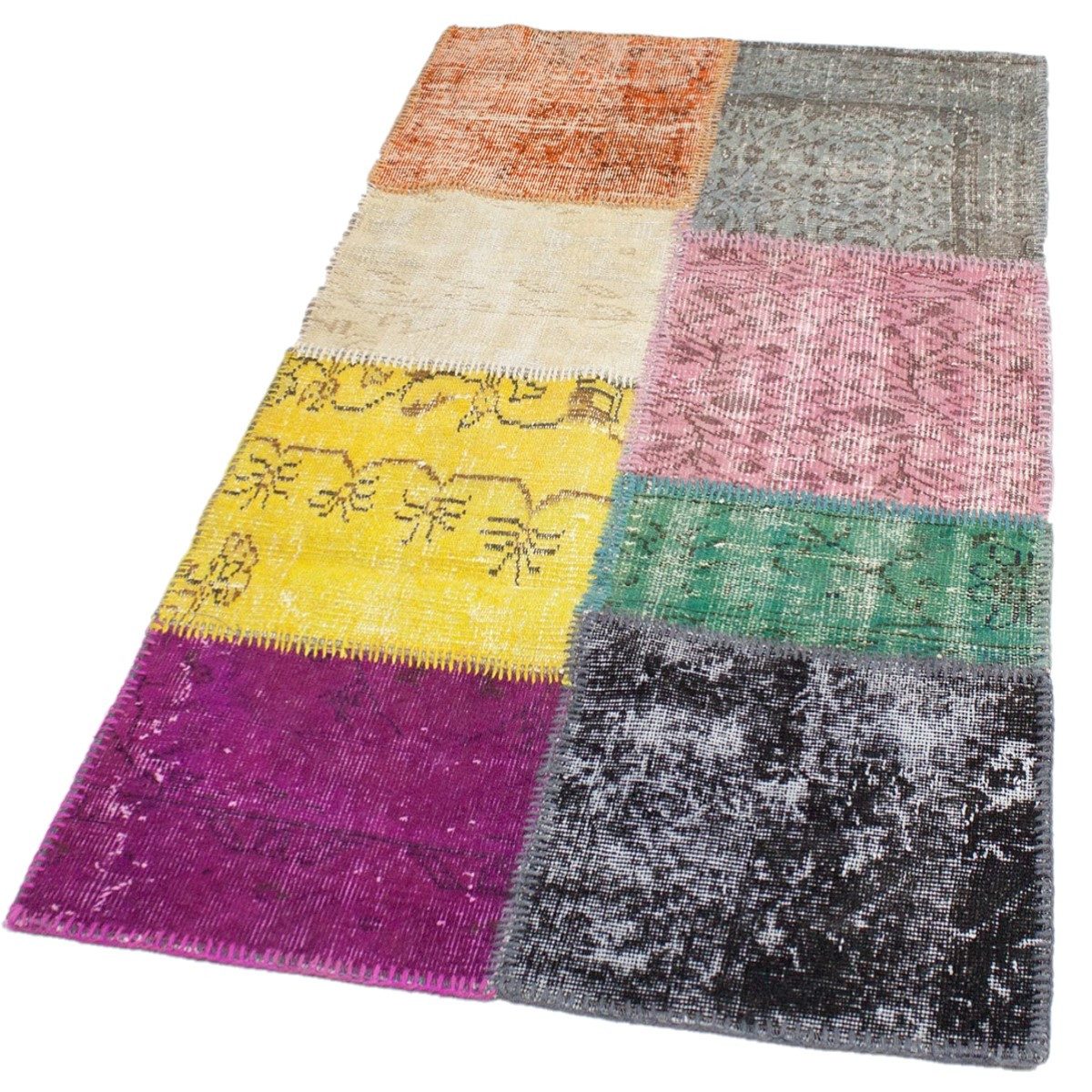 Vimoda Wollteppich Handgeknüpft VINTAGE Patchwork Teppich wohnzimmer, Rechteckig, Höhe: 5 mm, Hochwertiger Orientteppich, Original, Handgemade, 90 x 160 cm, Bunt