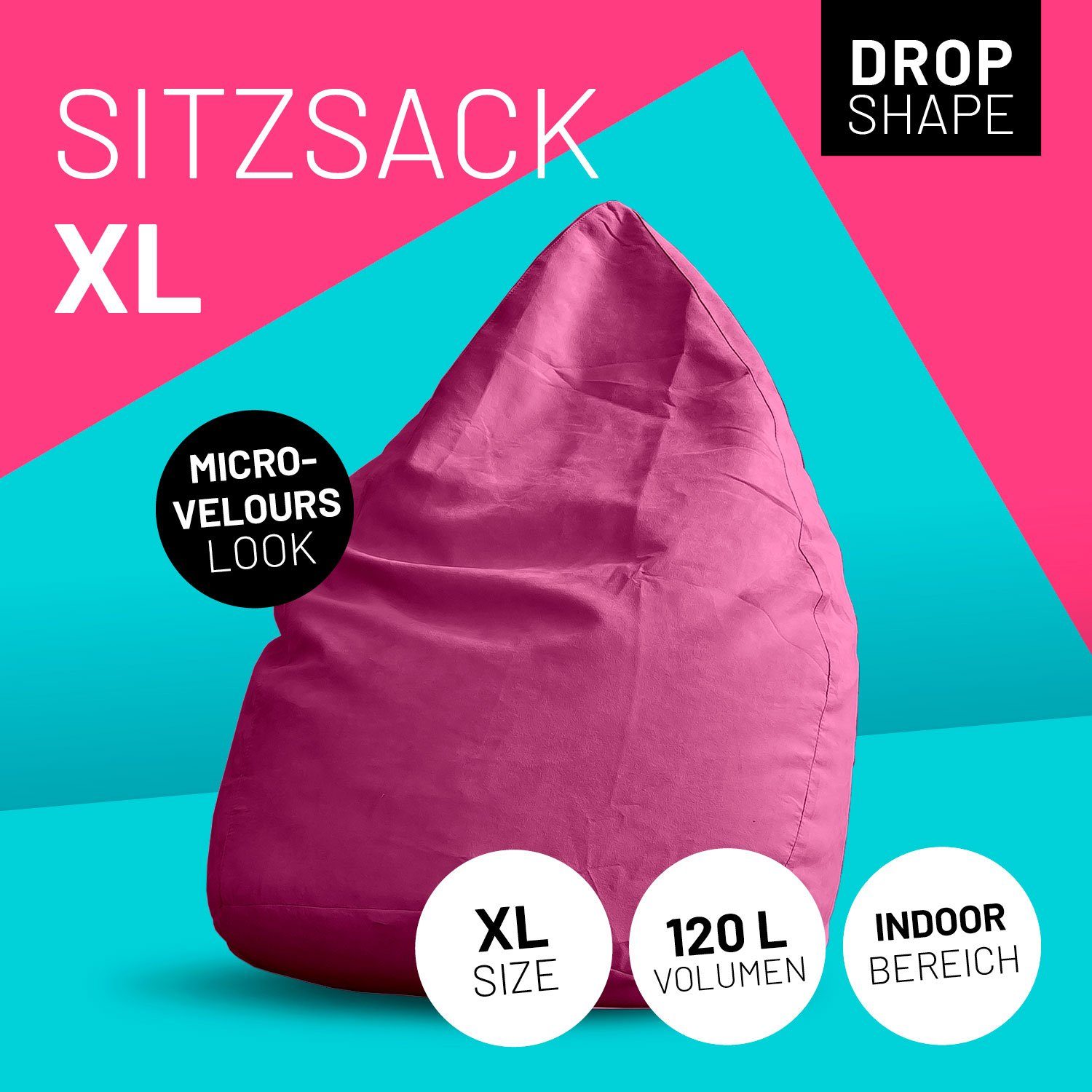 robust Microvelours Bean waschbar 120L Lumaland 60x45cm, Luxury Sitzsack Bag pink XL weich Sitzkissen Bodenkissen