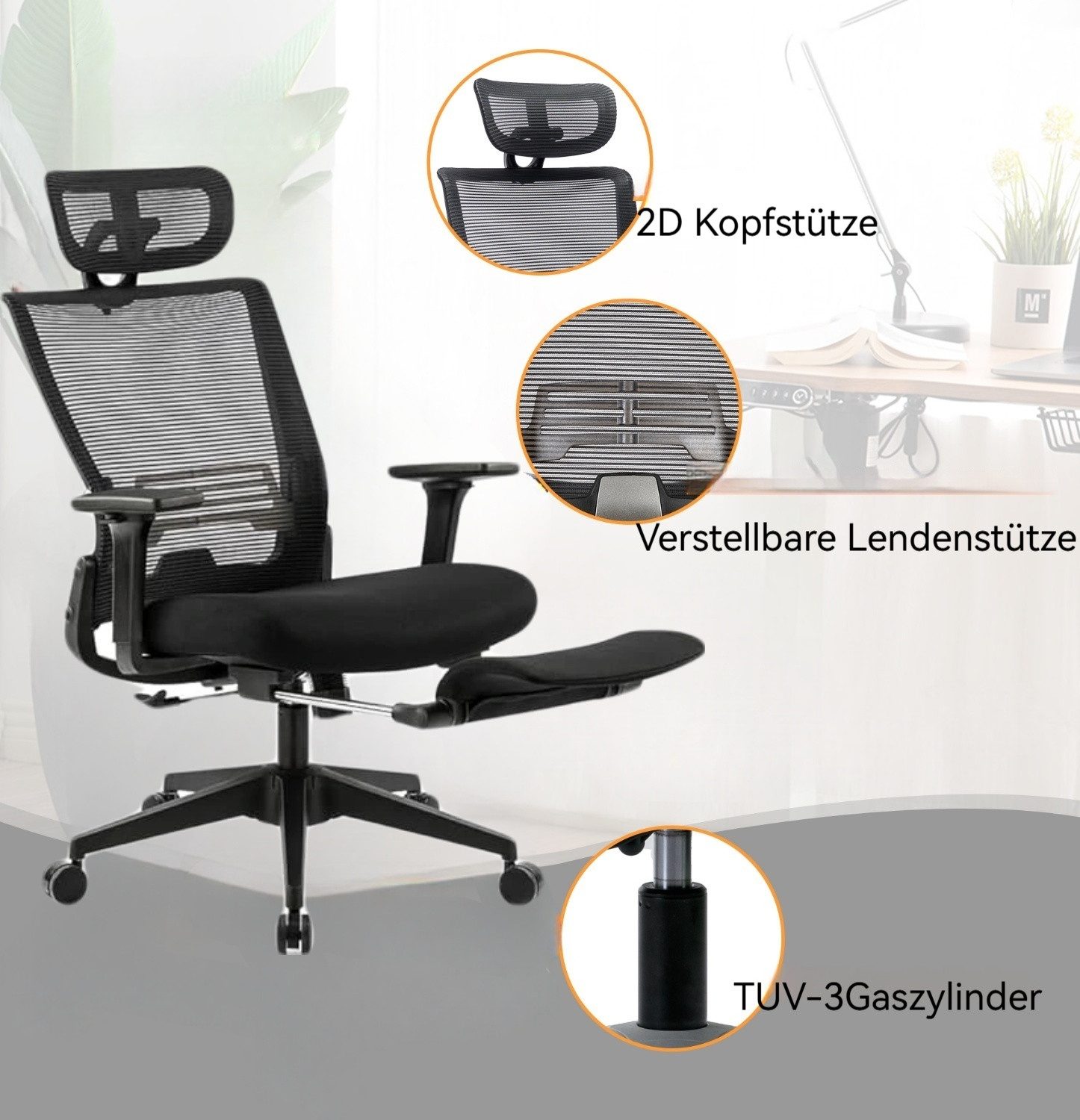 Leawin Bürostuhl Faltbarer Bürostuhl mit Fußstütze & ergonomischer Rückenlehne