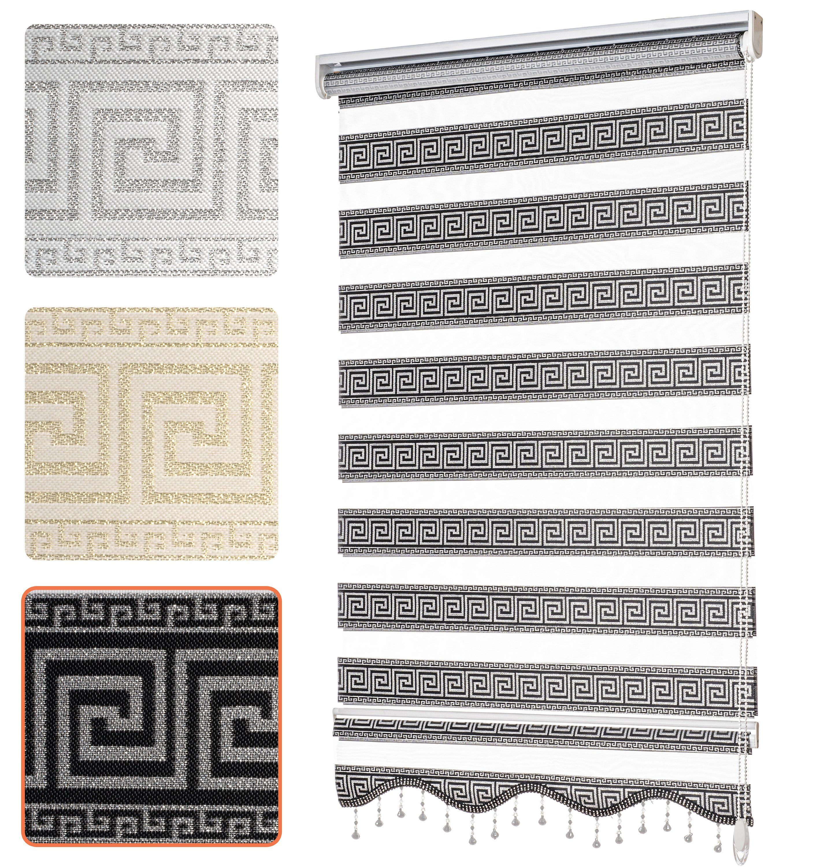 Doppelrollo mit Perlen, Mäander Ornamente Design, Bailena, Lichtschutz, ohne Bohren, freihängend, Klemmfix, glitzernd, Gardine mit Volant-Bordüre