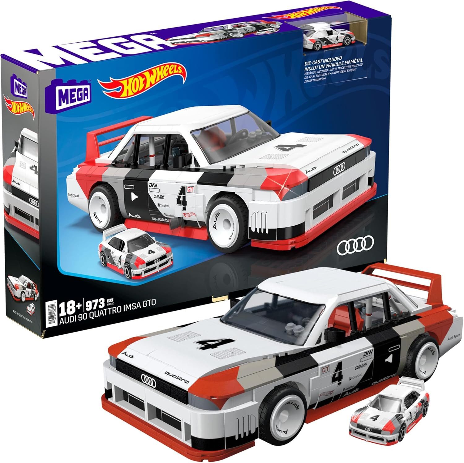 MEGA BRAND Modellauto MEGA Hot Wheels Autospielzeug Audi 90 Quattro IMSA GTO mit 973 Teilen