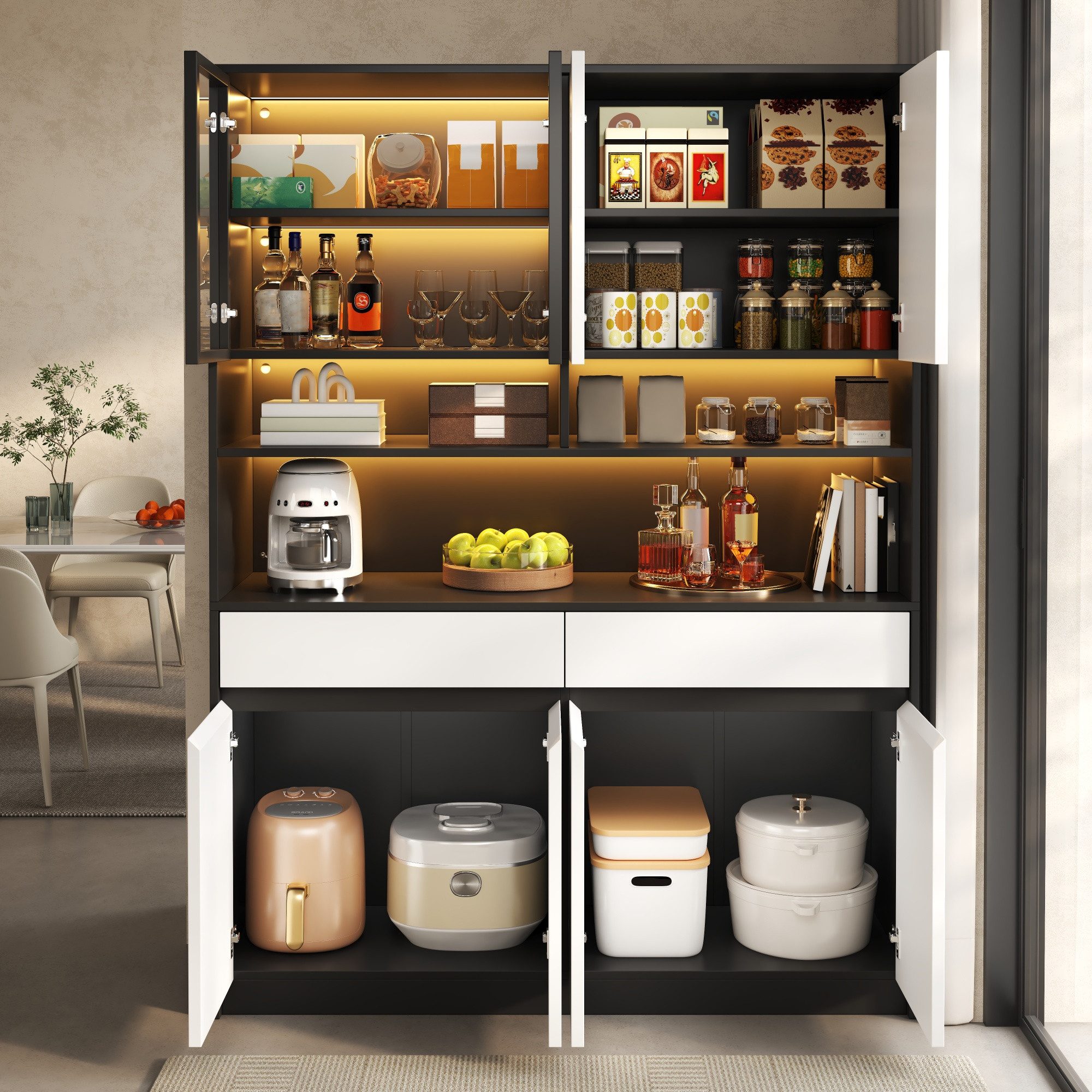 BlingBin Küchenbuffet Küchenschrank Buffetschrank mit Vitrine, LED-Beleuchtung 120x38x160 cm (3 Packung, 1-St., 2 Glastüren,6 geschlossenen Türen,2 Schubladen, 2 offenen Ablageebenen) Hochschrank,mit beleuchteter Glasvitrine und großem Stauraum