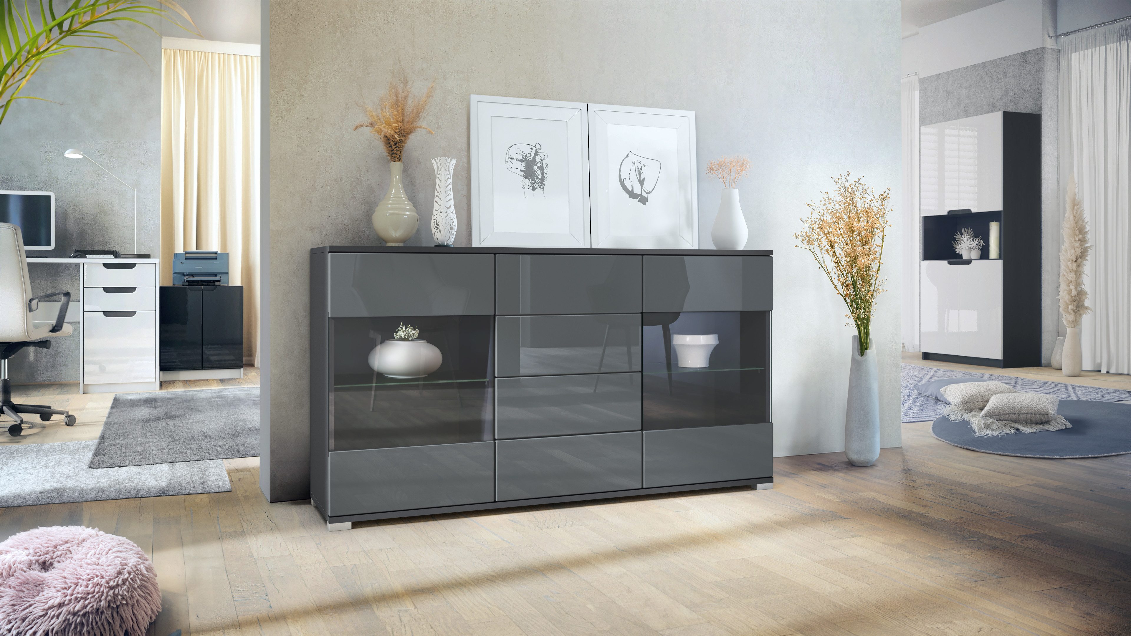 Vladon Sideboard Bari V1 (Kommode mit 2 Türen, 4 Schubladen und 2 flexible günstig online kaufen