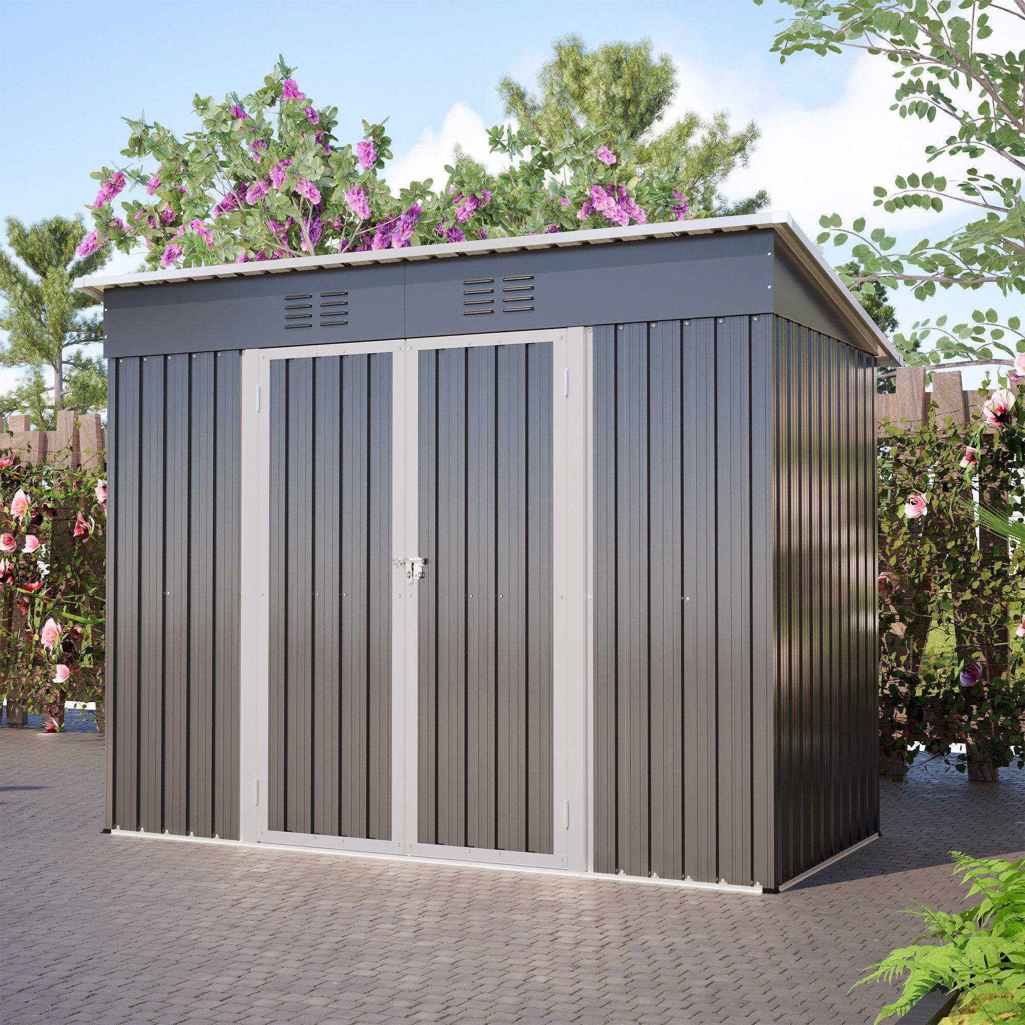 CHICFURN Gerätehaus Metall-Gerätehaus 8x4 Fuß, Grau, Pultdach, mit abschließbarer Tür, BxT: 242x126 cm, (Packung, 1 St., Gartenhaus Gartengeräte), Mit 2 Belüftungsgittern, für Gartengeräte, Terrasse & Hof